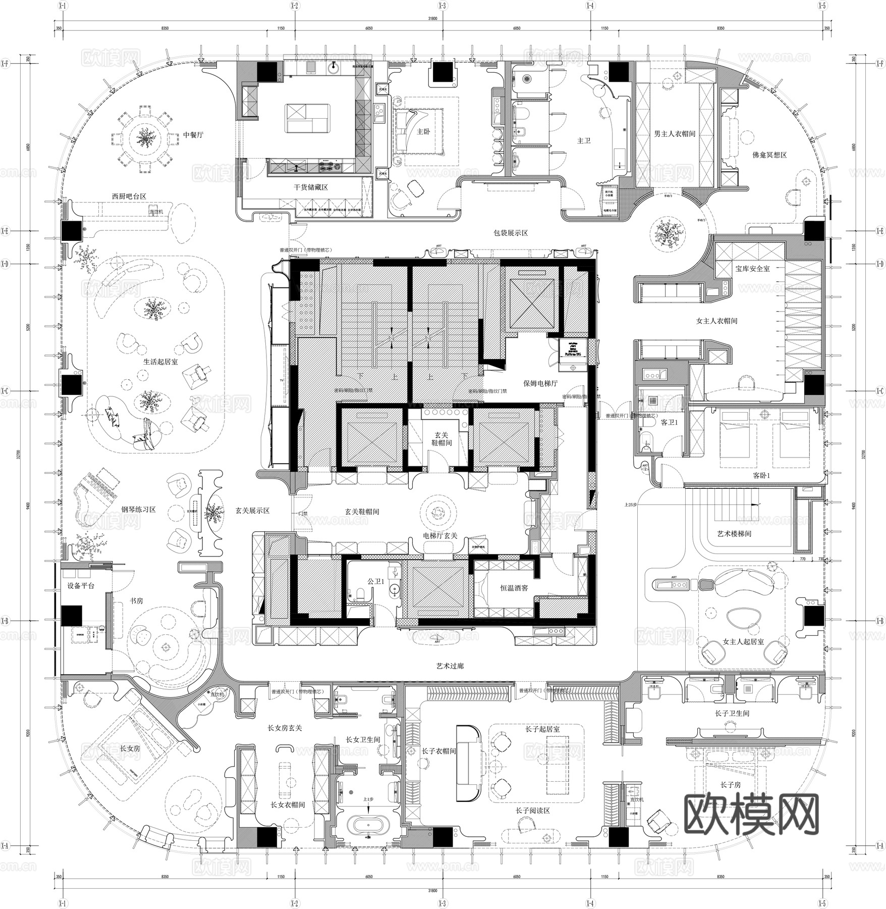 1000方大平层平面设计cad施工图