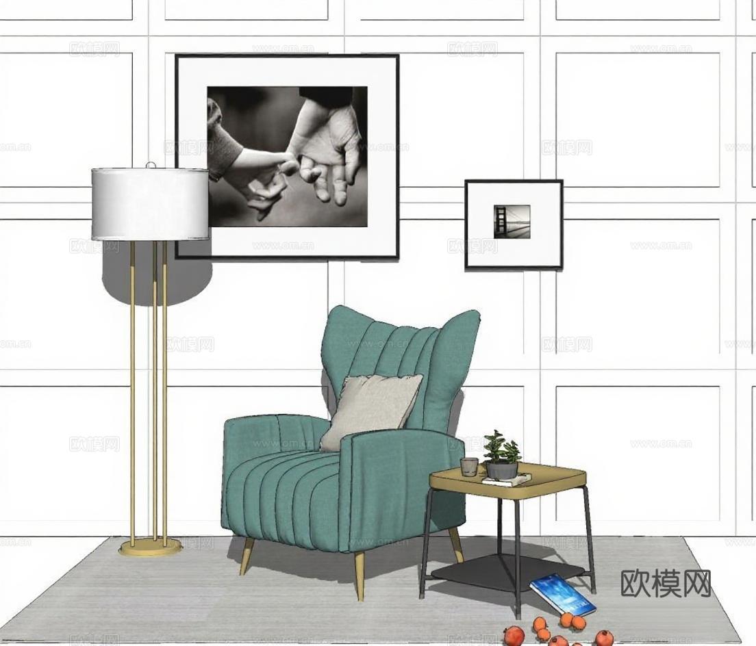 现代简约客厅家居装饰设计 灰绿色扶手椅搭配金属落地灯3D模型 木质边桌客厅角落渲染效果图免费3d模型下载
