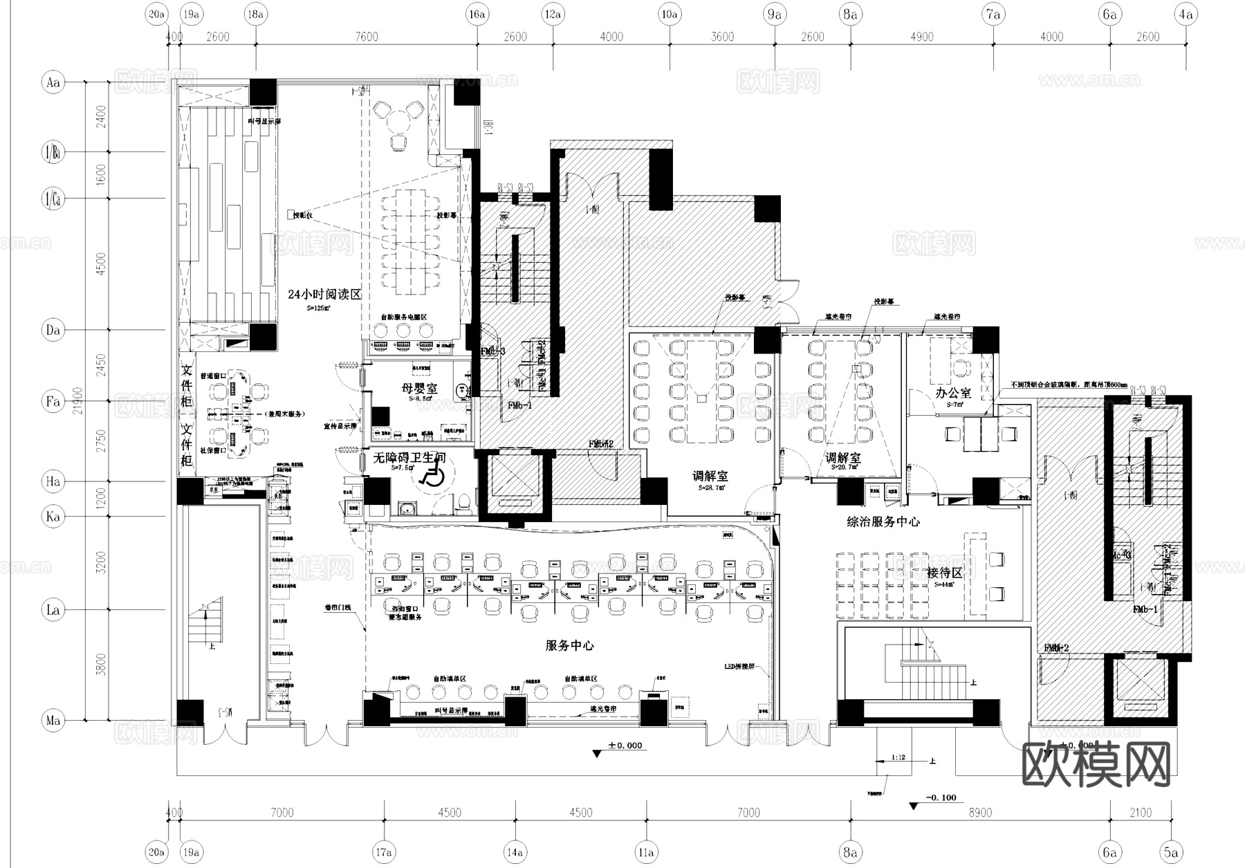 党群服务中心室内工装平面图cad施工图