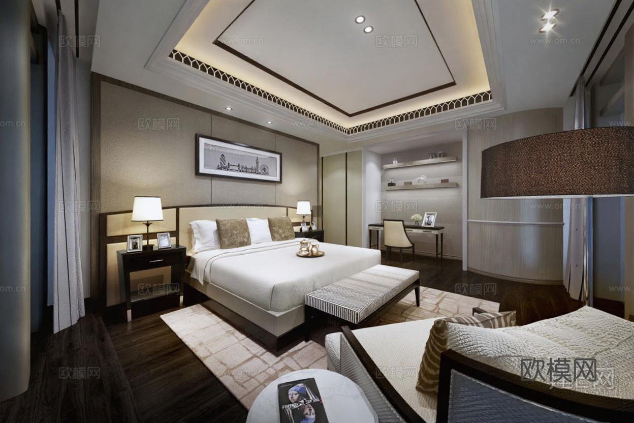 现代中式卧室设计 高端住宅酒店客房装修灵感 3D效果图实景案例 奢华空间布局解析免费3d模型