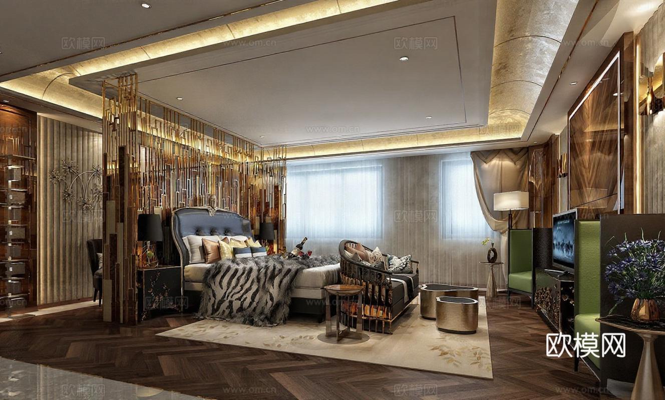现代中式豪华酒店套房设计 高端装修3D渲染效果图 艺术装饰卧室客厅空间布局免费3d模型下载