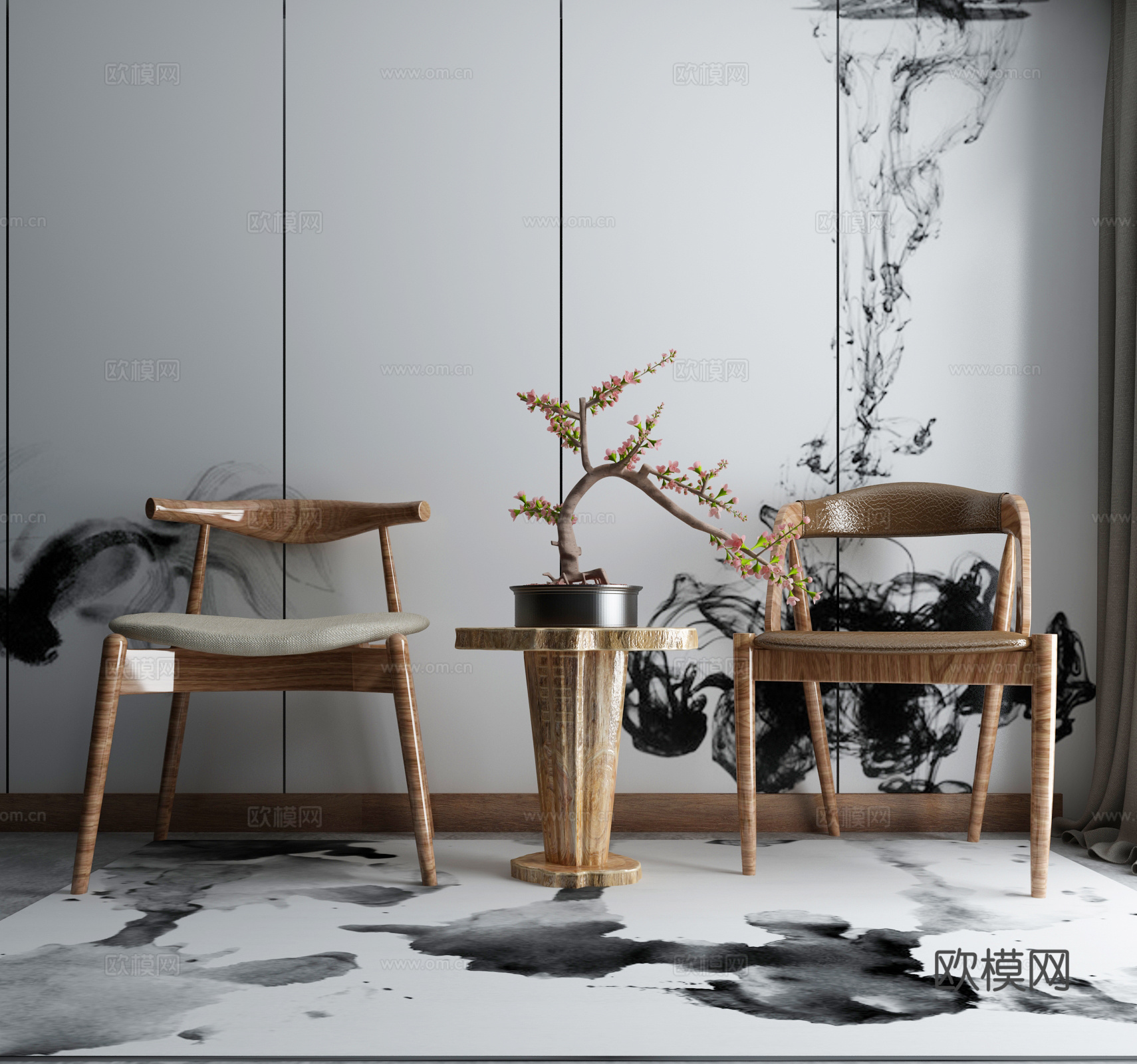 现代茶几沙发组合挂画 地毯 水墨画背景墙3d模型下载（渲染图1）