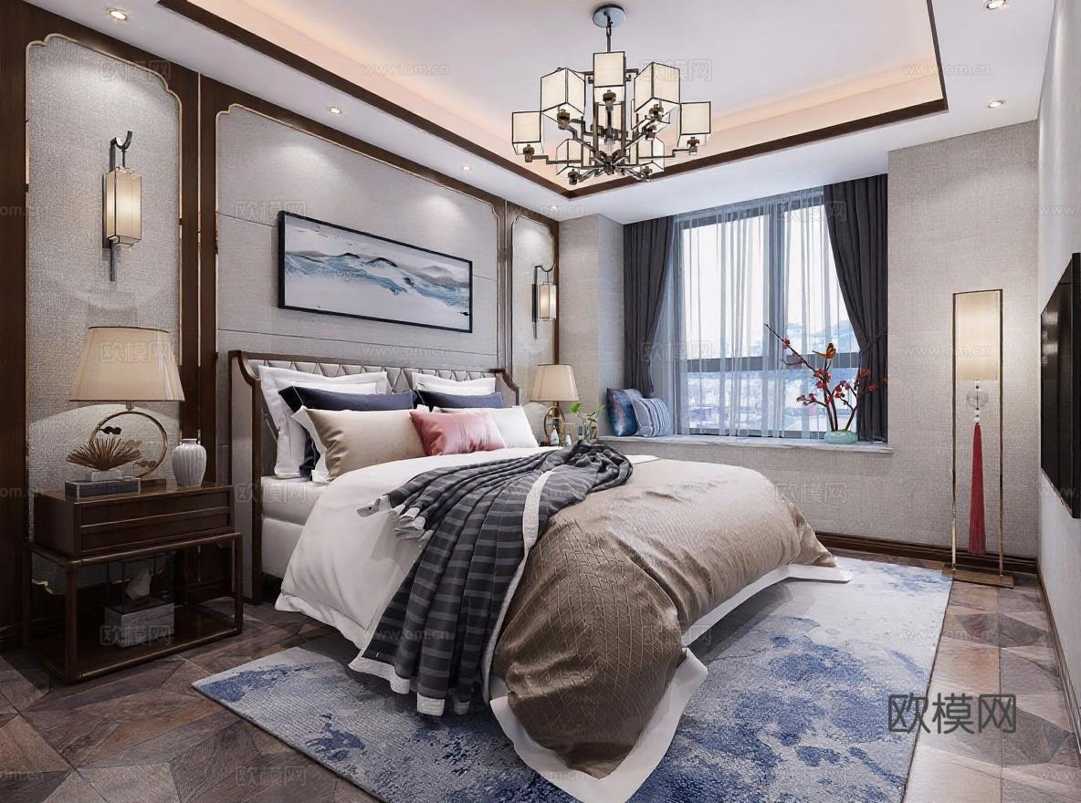 现代新中式卧室设计 高端装修效果图 山水画装饰对称空间布局 3D渲染案例免费3d模型下载