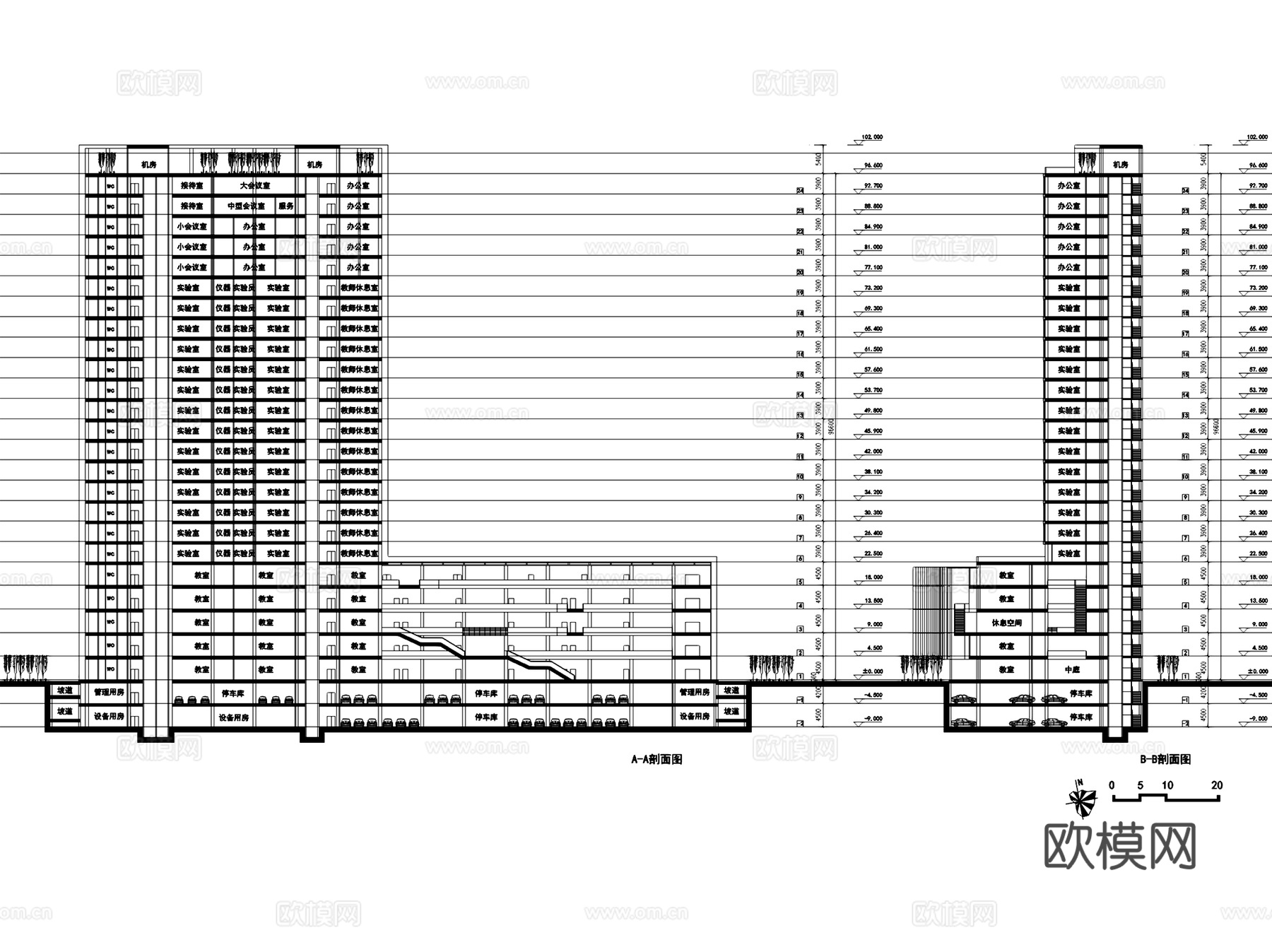大学实验办公楼建筑平剖面CAD施工图cad施工图