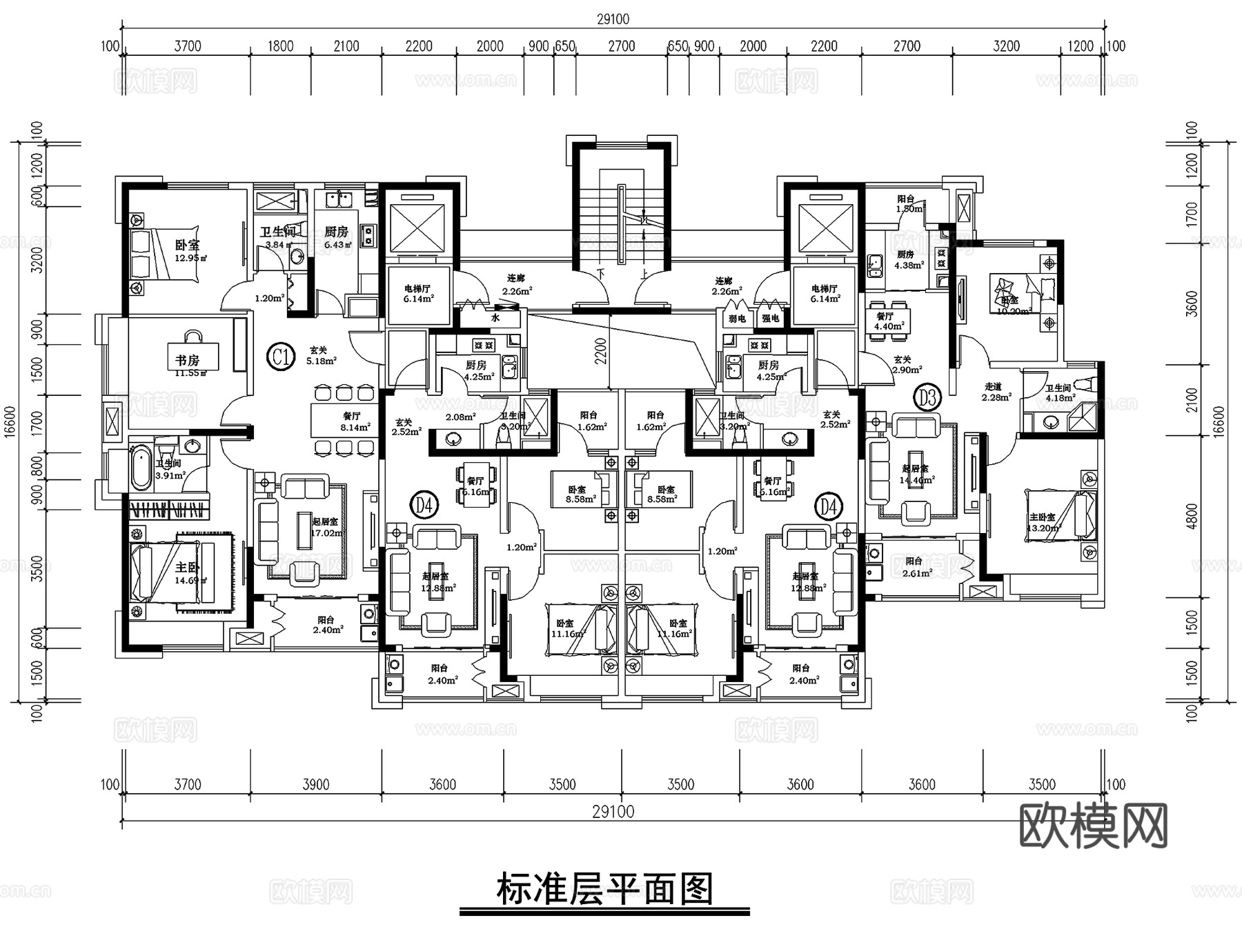 居住区住宅楼建筑户型平面图CAD施工图cad施工图