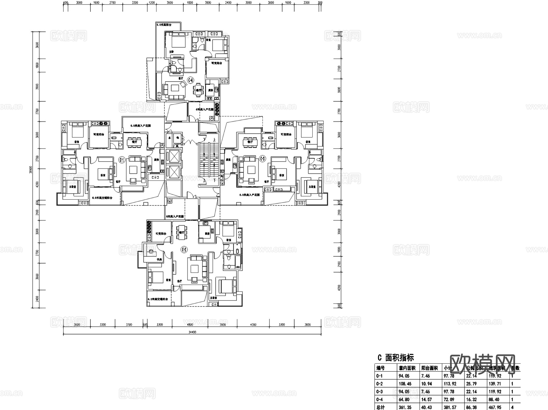 高层住宅建筑户型平面图CAD施工图cad施工图