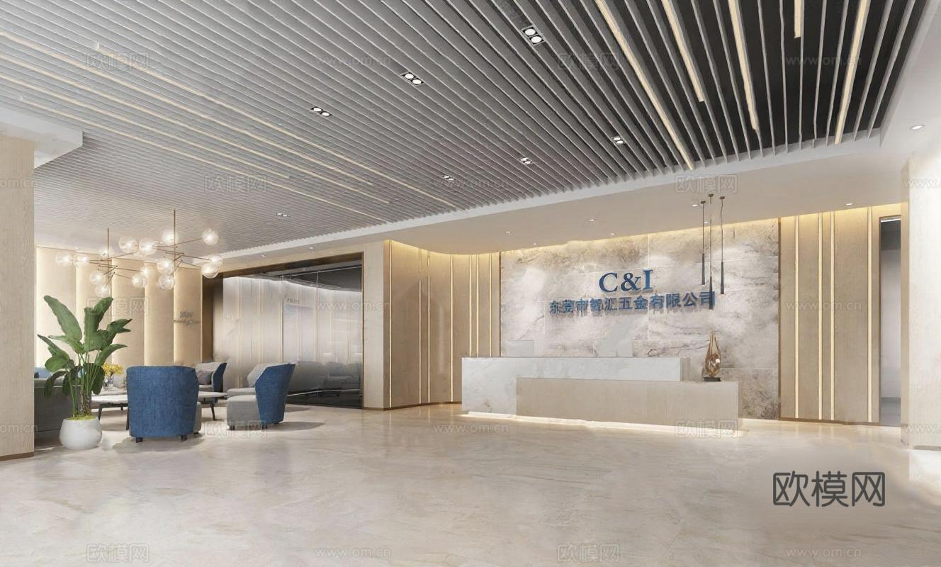 现代商务办公室前台设计 3D渲染室内效果图 高端企业前台空间案例免费3d模型下载