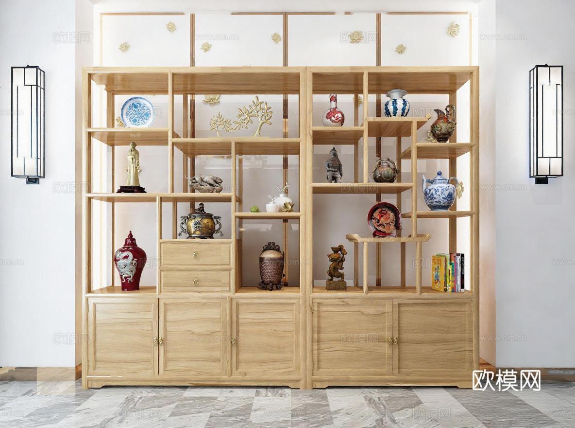 新中式客厅展示柜 多层陶瓷雕塑收纳柜 现代简约壁灯装饰 雅致家居装饰设计免费3d模型下载