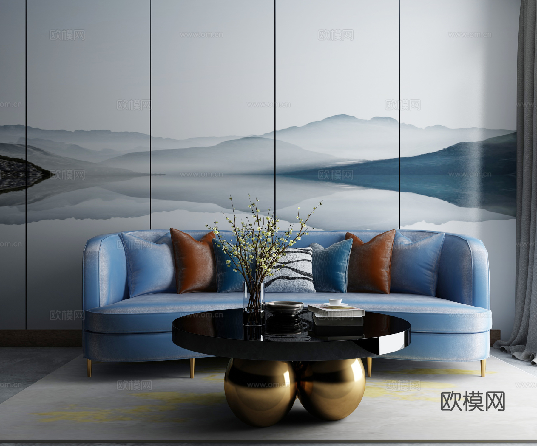 现代端景柜 茶几 沙发组合3d模型下载（渲染图2）