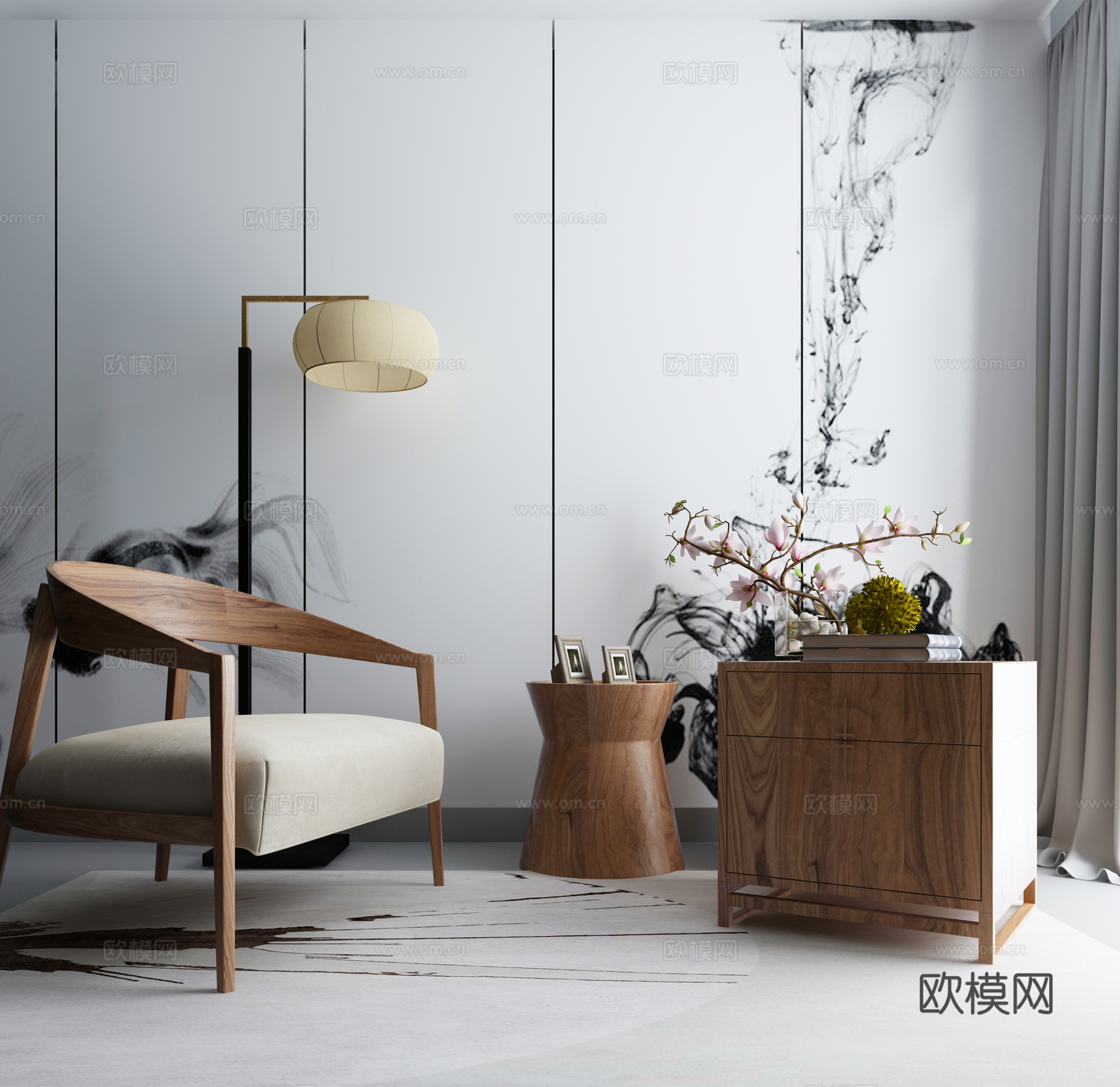 现代茶几沙发组合挂画 地毯 水墨画背景墙3d模型下载（渲染图2）