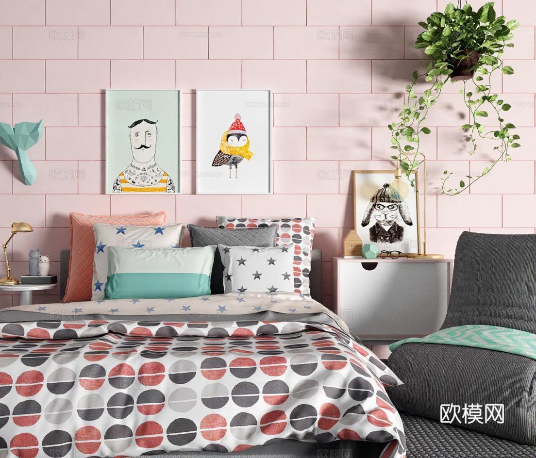 北欧风现代卧室设计 儿童房粉色几何装饰 3D模型绿植家居布局免费3d模型下载