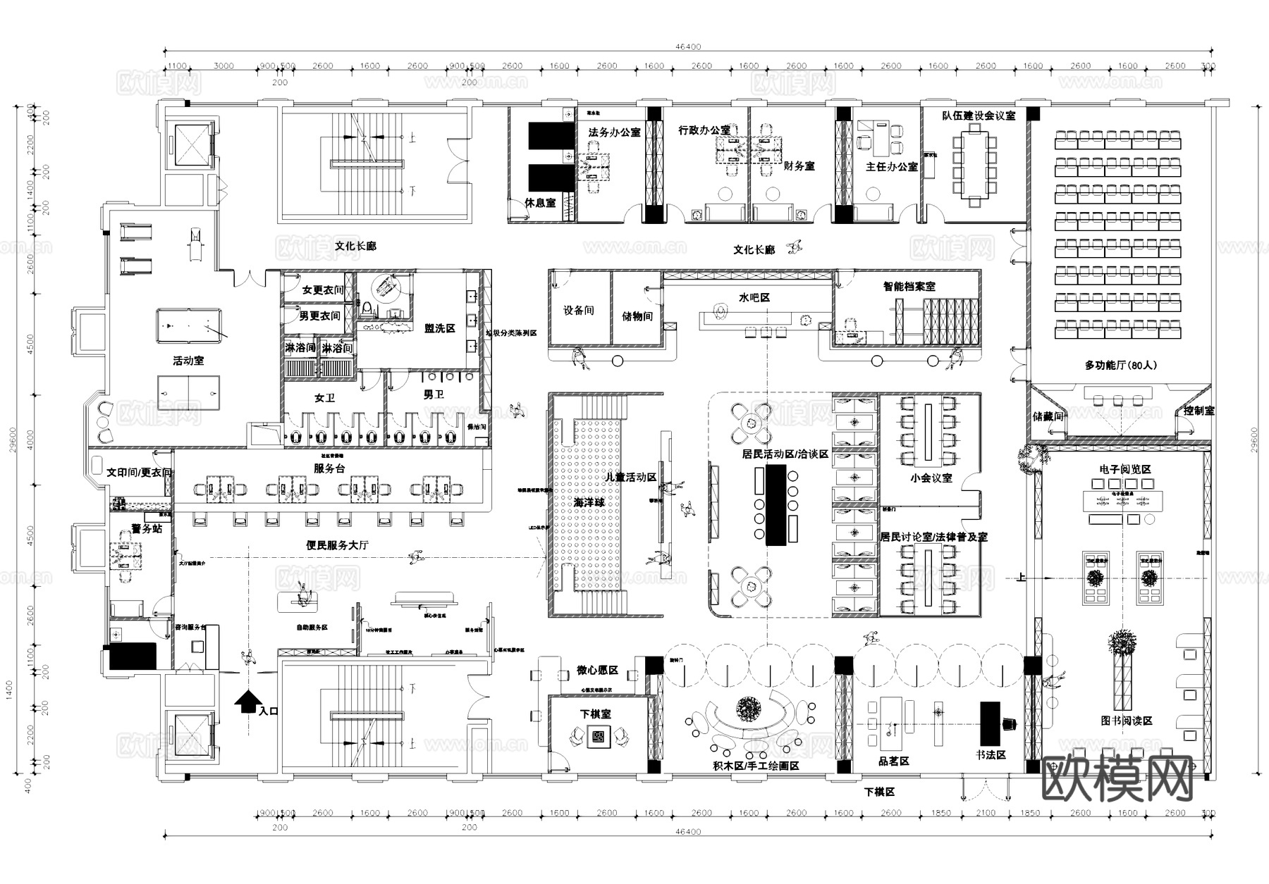 社区党群服务中心室内工装平面图cad施工图
