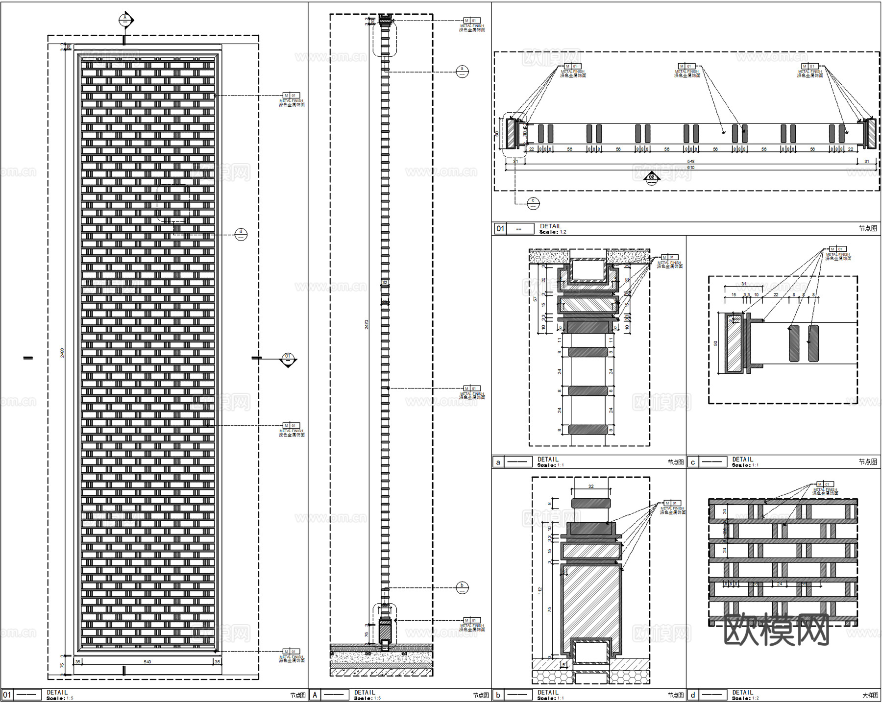 金属屏风详图、隔断屏风节点、不锈钢屏风、金属镂空屏风cad施工图