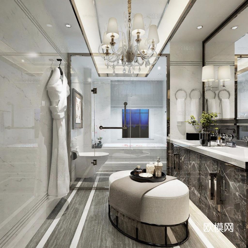 现代奢华浴室设计 高端装修大理石卫浴空间效果图 轻奢水晶吊灯浴室布局免费3d模型