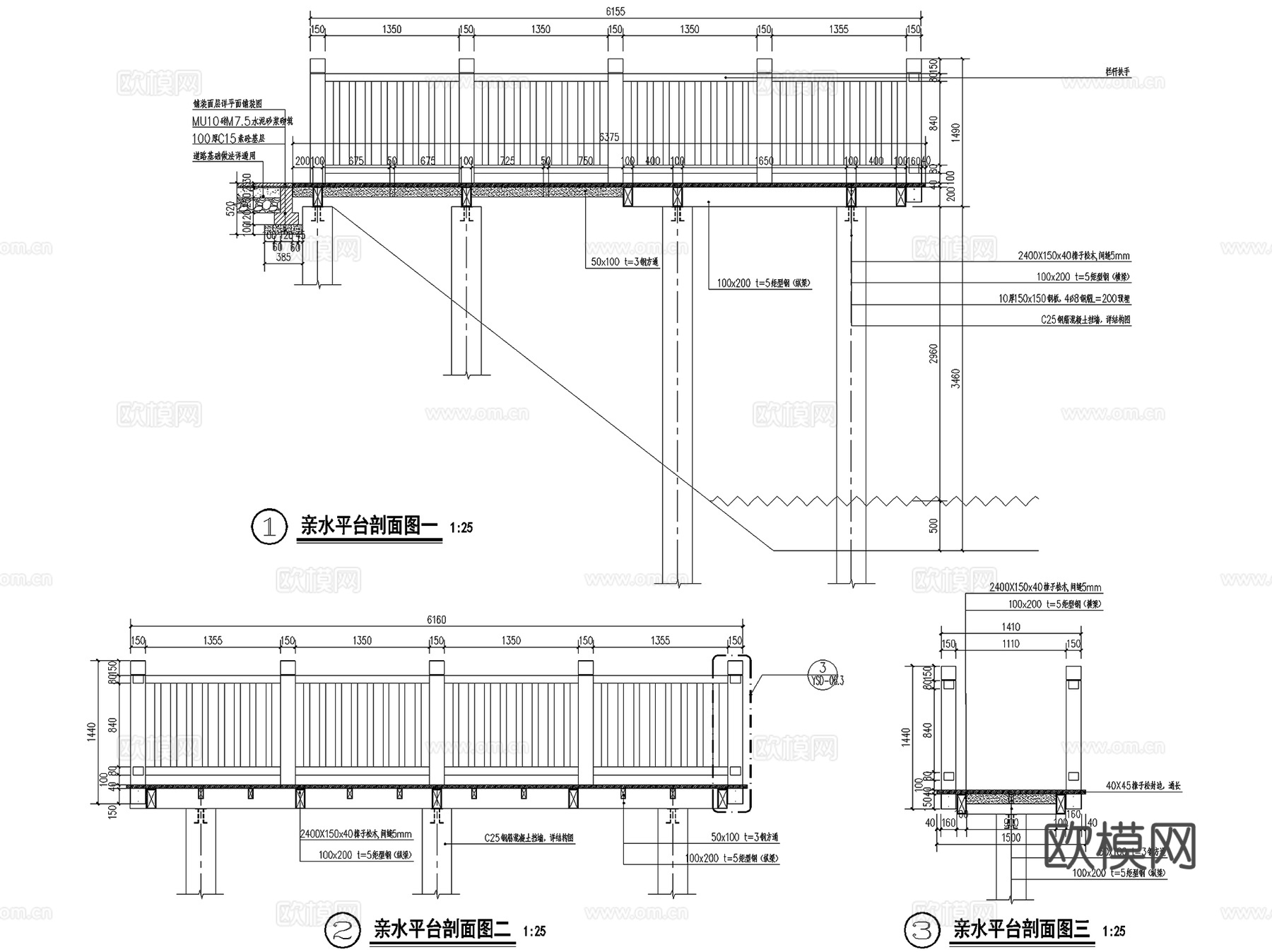 观景木平台亲水悬挑平台景观节点CAD施工图集 12套cad施工图