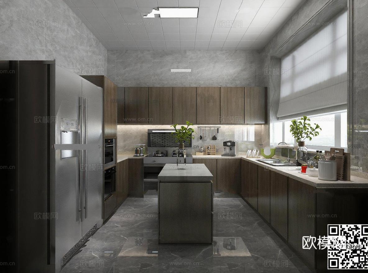 现代厨房设计 3D渲染效果图 高端装修智能家居空间 深棕大理石岛台不锈钢电器橱柜免费3d模型