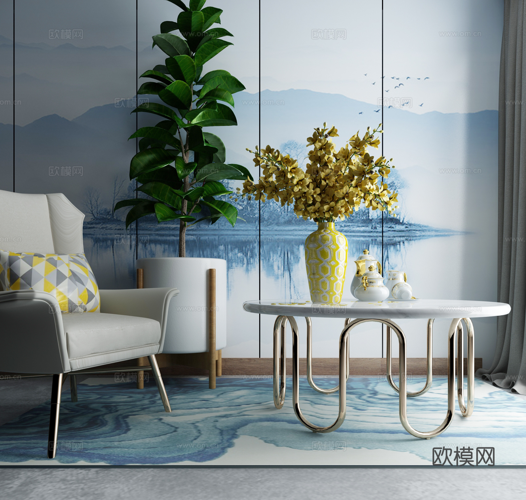 现代茶几沙发组合挂画 地毯水墨画背景墙3d模型下载（渲染图1）