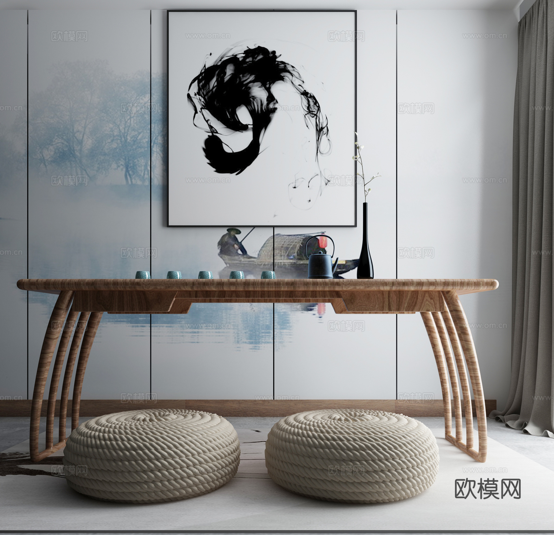 现代茶几沙发组合挂画 地毯 水墨画背景墙3d模型下载（渲染图2）