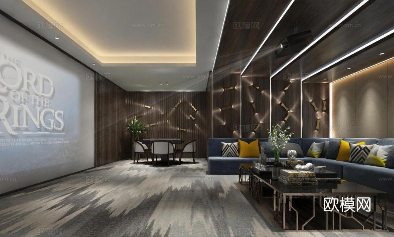 家庭影院客厅设计 高端装修现代轻奢风格 3D模型封面 金属木质装饰 舒适观影空间免费3d模型