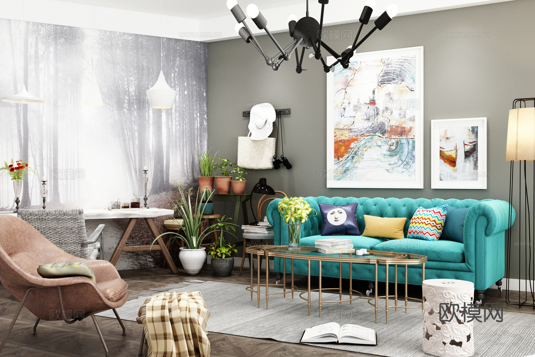 北欧沙发茶几组合3d模型下载（渲染图2）