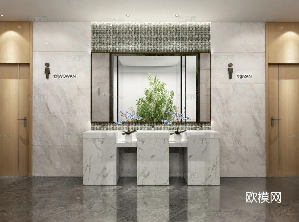 现代公共卫生间室内设计 3D渲染商业空间装饰 大理石木纹洗手台效果图免费3d模型下载