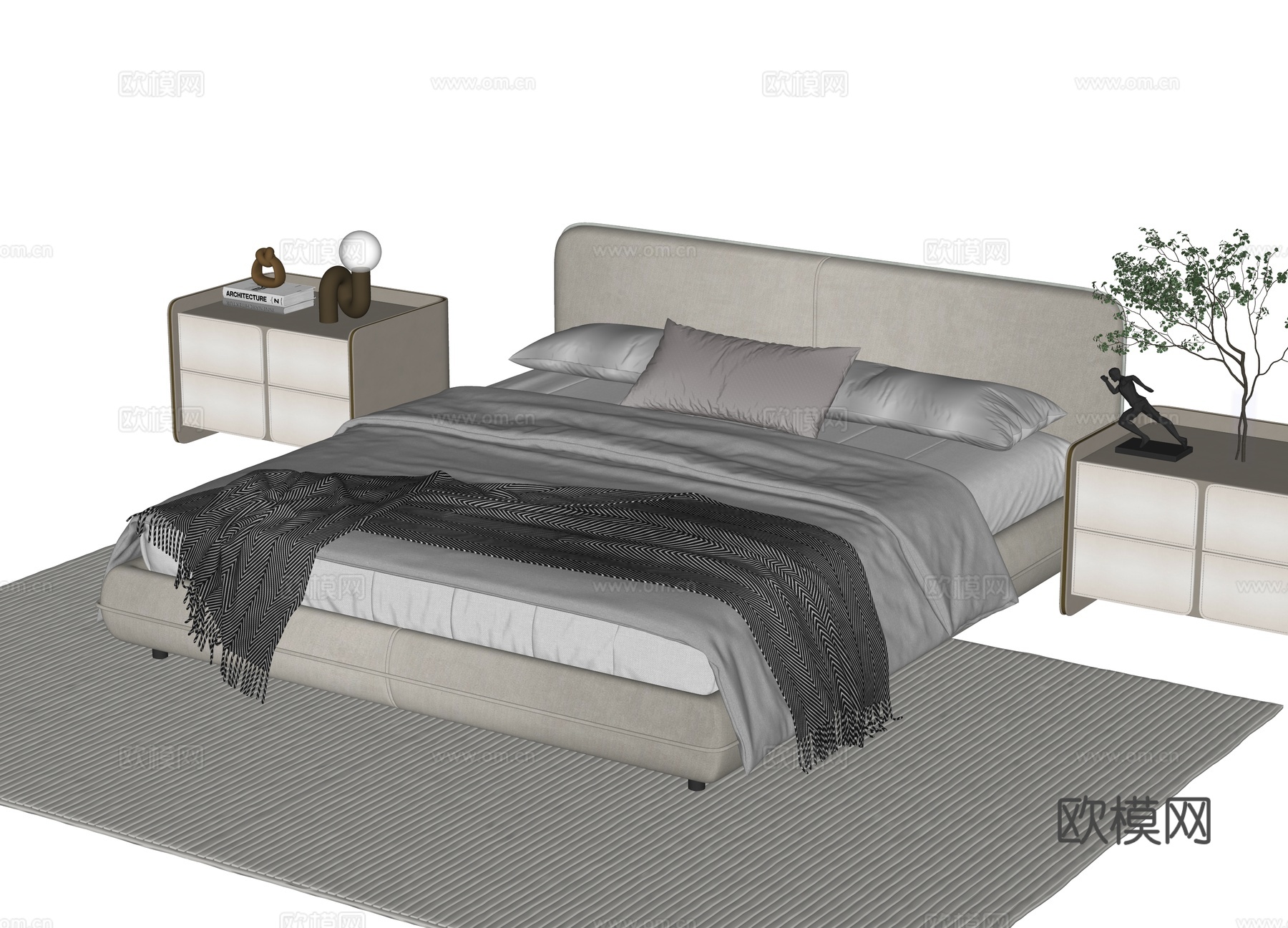 现代双人床 床 双人床 床头柜 摆件 枕头 书 绿植 饰品su模型