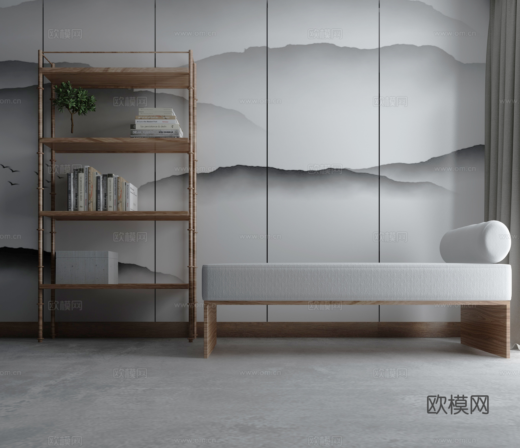 新中式书柜 卧榻3d模型下载（渲染图1）