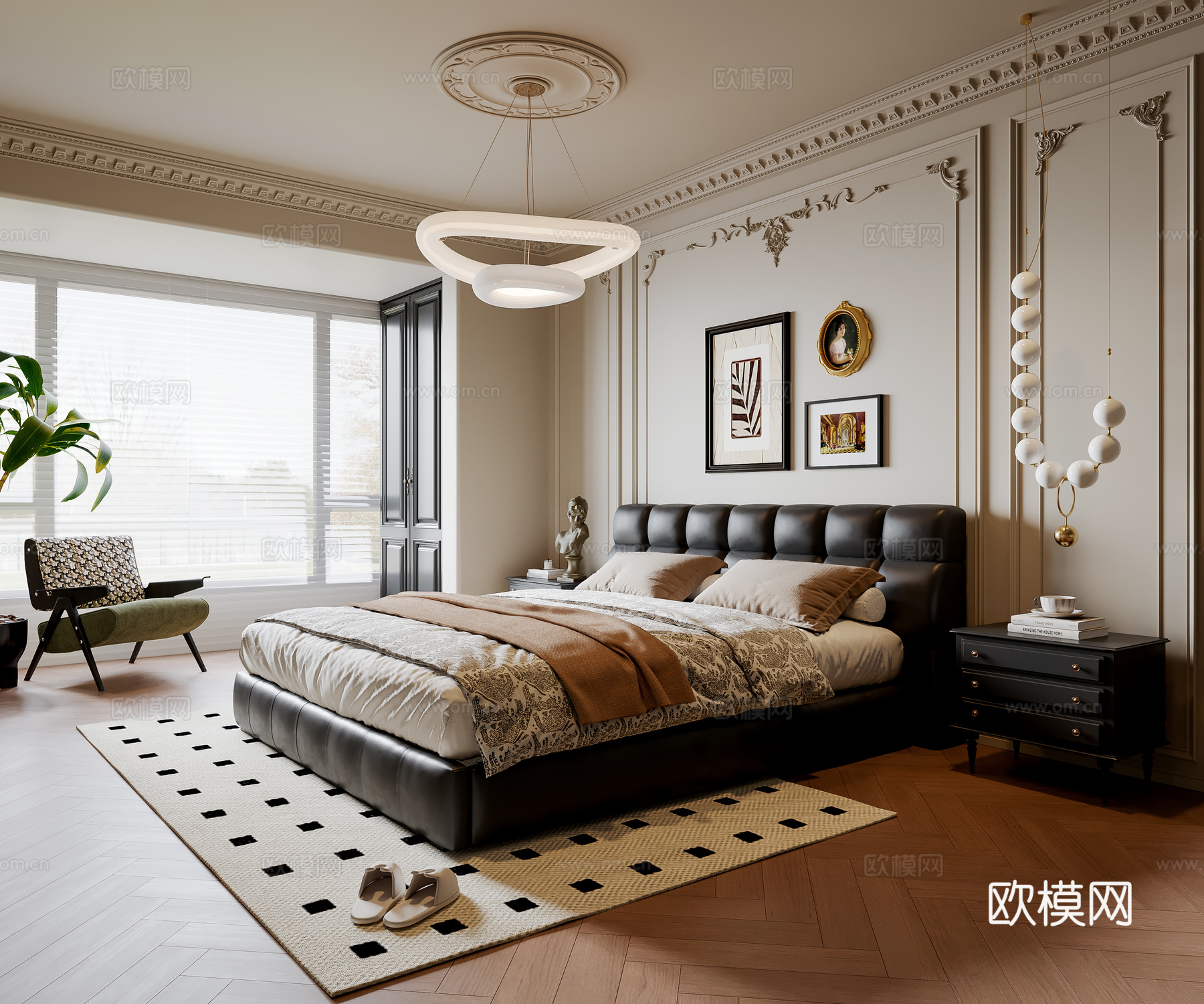 法式中古风卧室 皮质双人床 床头柜 吊灯 挂画 地毯su模型
