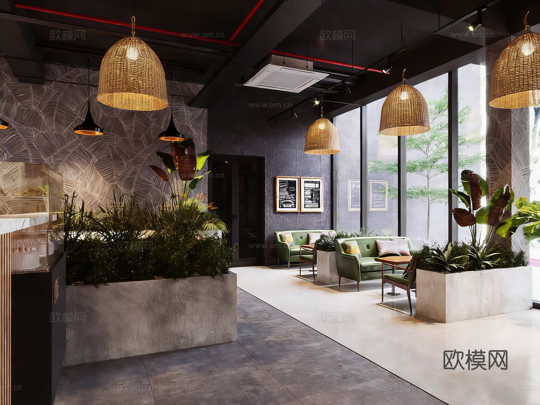 自然系工业风咖啡厅 绿植环绕 编织吊灯 红砖墙免费3d模型