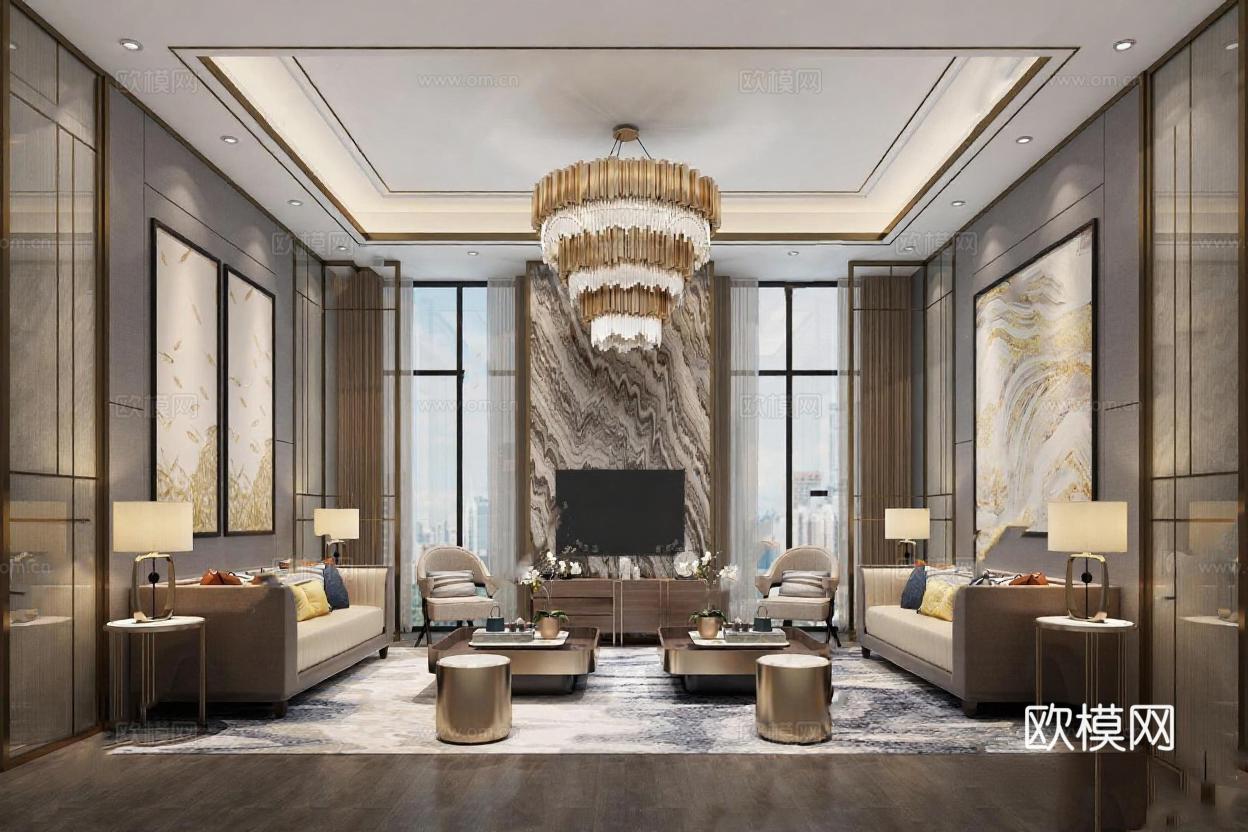豪宅客厅设计 现代轻奢风格 3D渲染效果图 高端装修案例 艺术装饰灵感免费3d模型