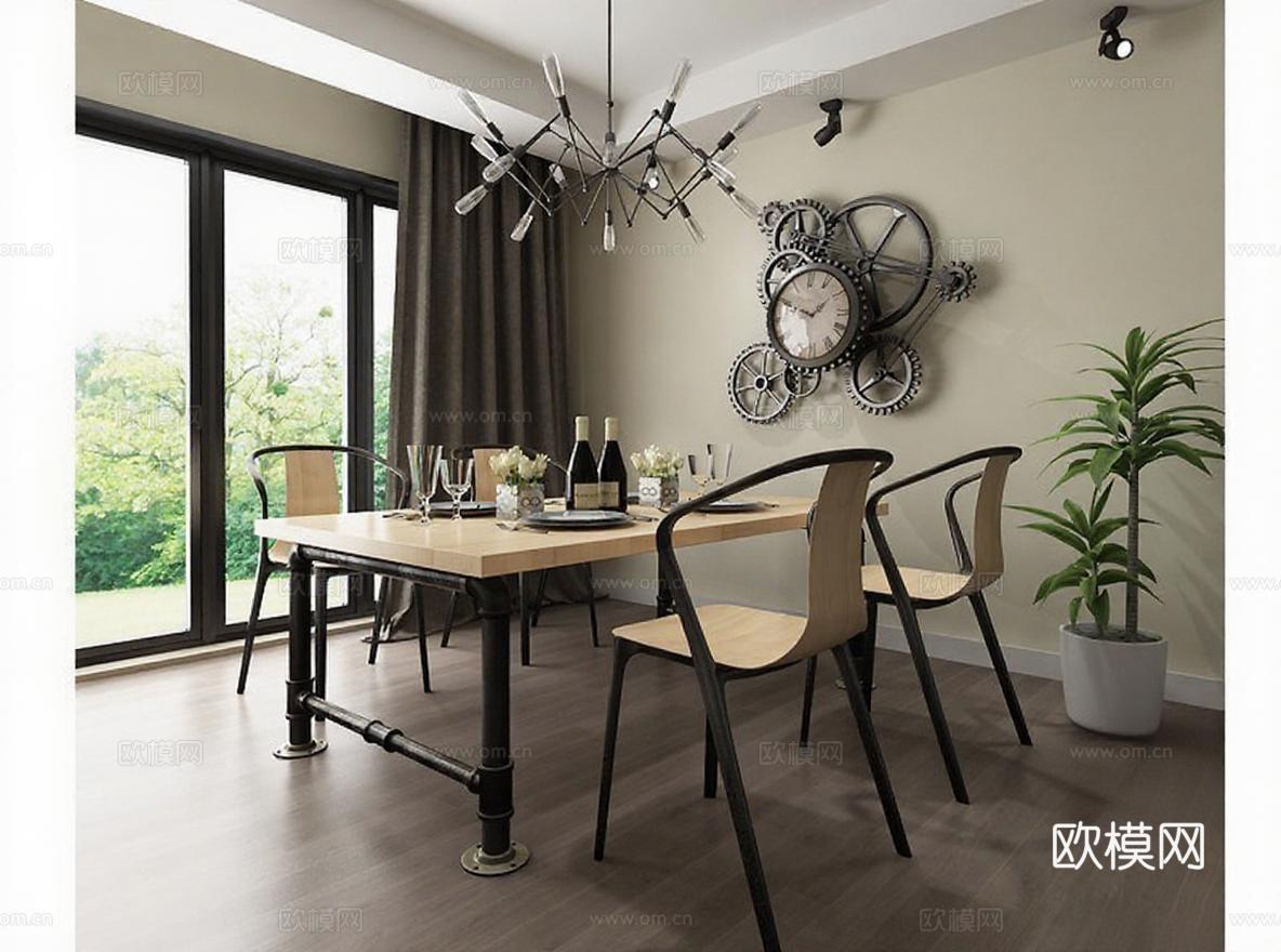 现代工业风餐厅家居设计 3D渲染模型 室内装饰效果图 高端家居场景展示免费3d模型下载
