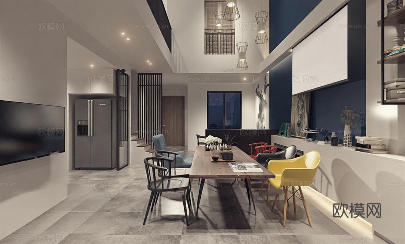 现代家居客厅餐厅设计 工业风吊灯装饰 3D效果图案例 开放式空间布局 舒适材质搭配免费3d模型