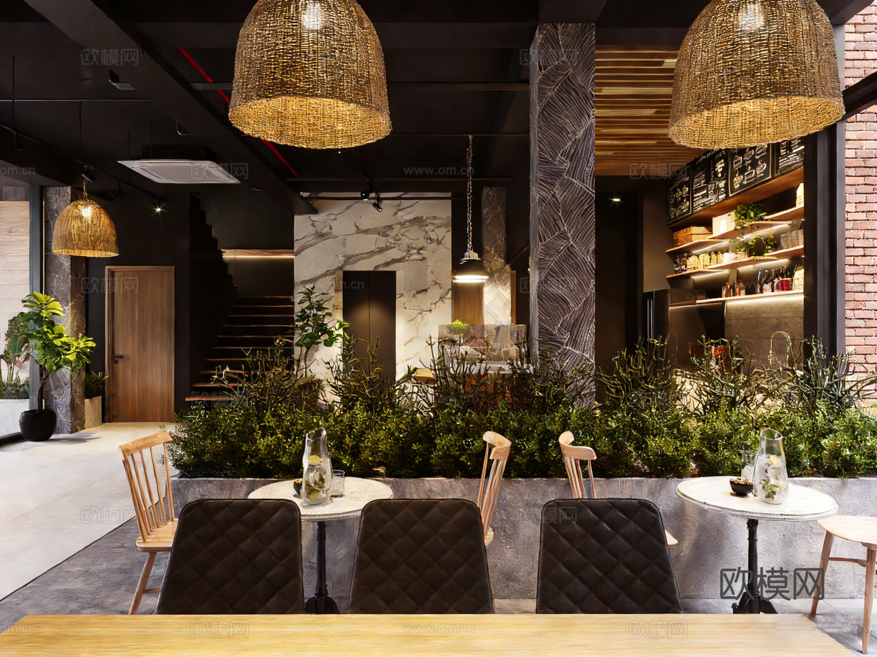 自然系工业风咖啡厅 绿植环绕 编织吊灯 红砖墙免费3d模型