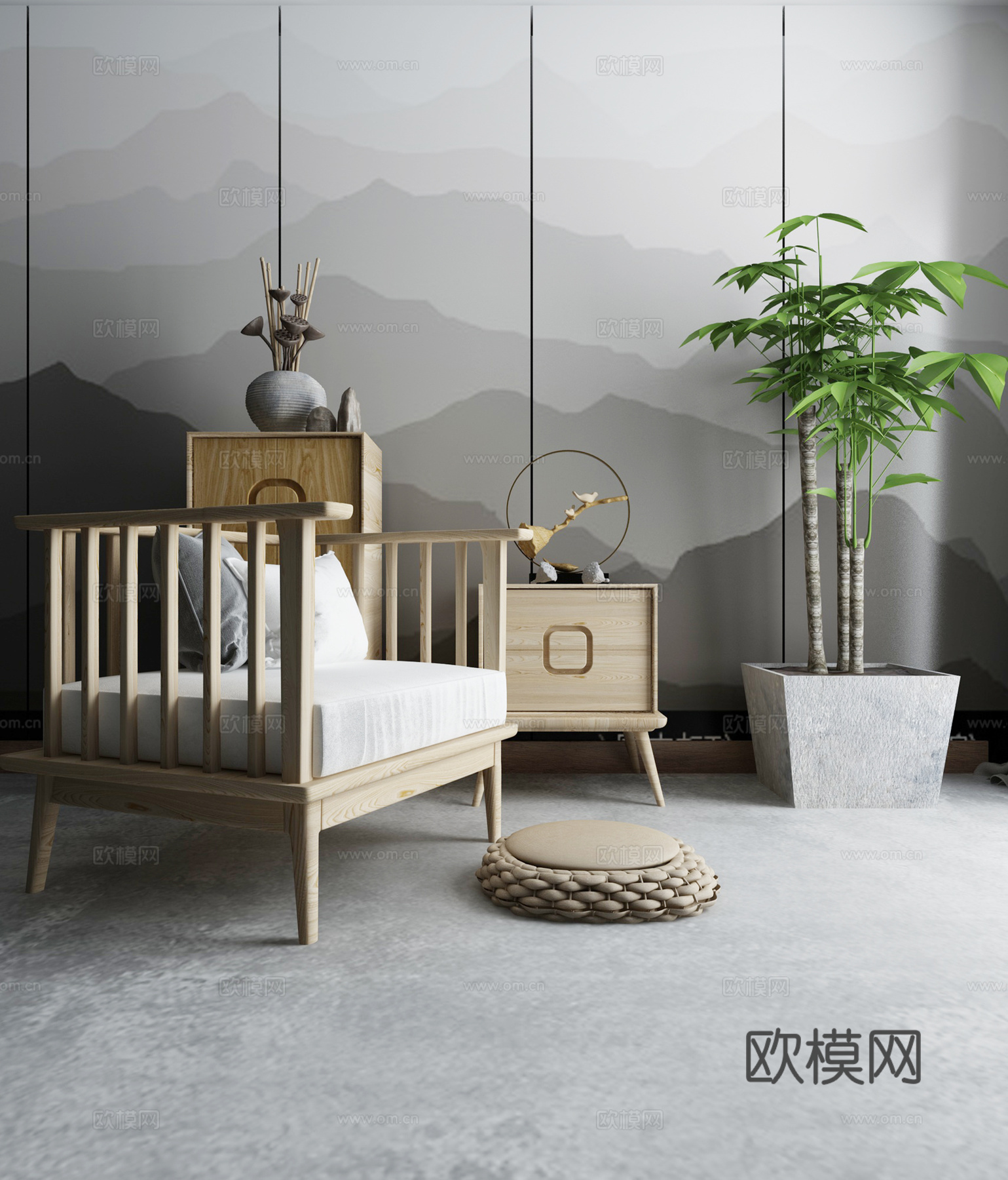 中式沙发组合 盆景 盆栽3d模型下载（渲染图2）