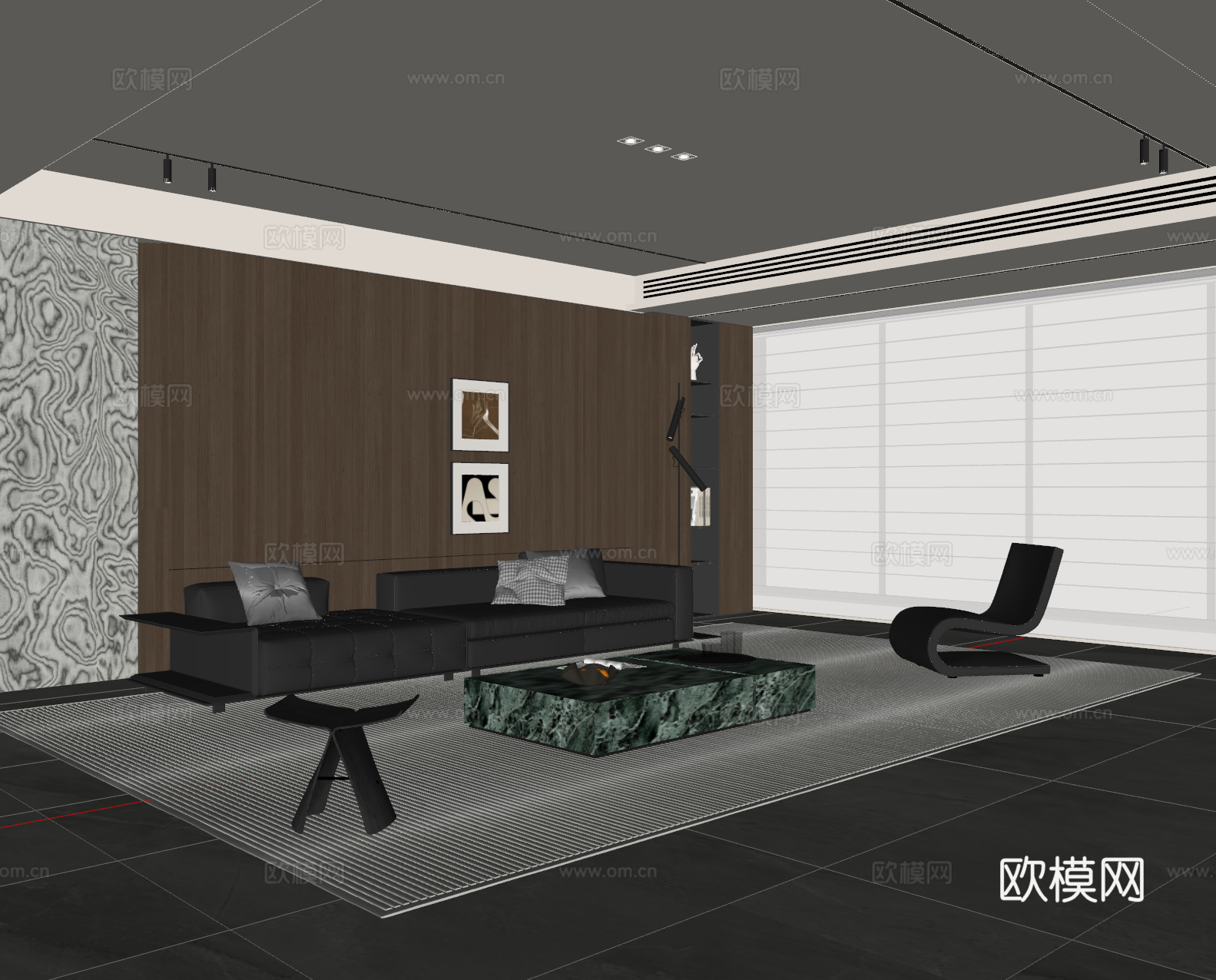 现代意式客厅 沙发茶几 多人沙发 休闲椅 落地灯 地毯su模型