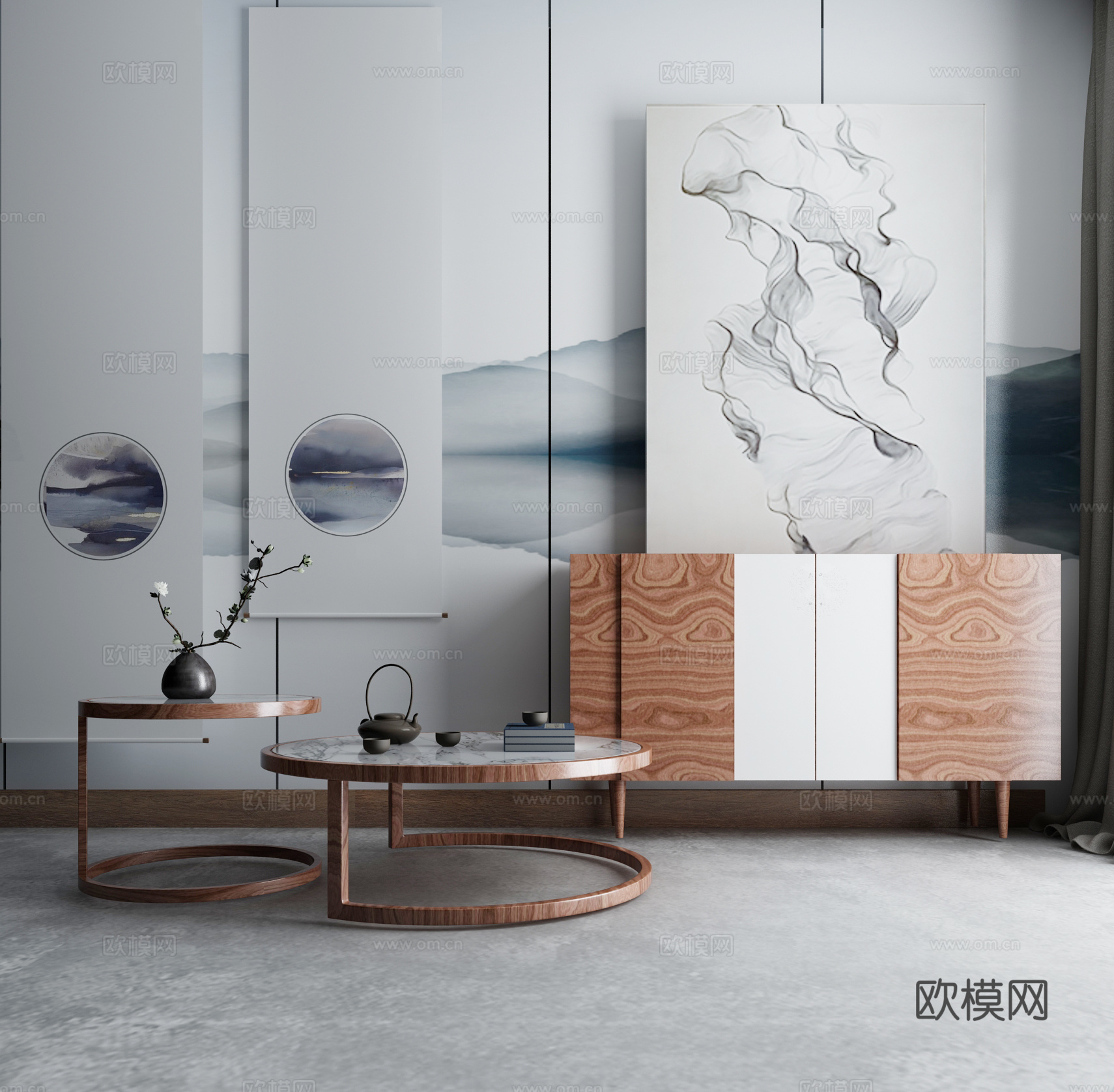 现代茶几沙发组合挂画 地毯 水墨画背景墙3d模型下载（渲染图2）