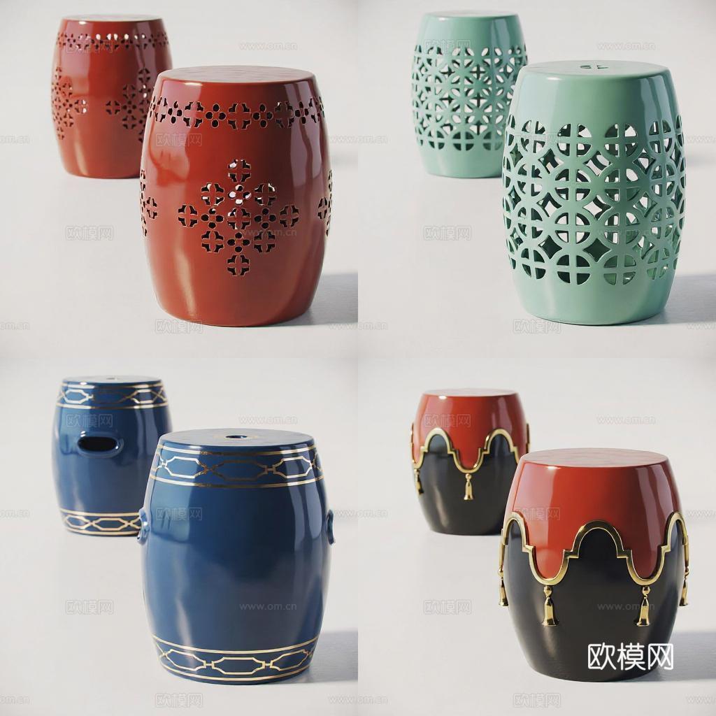 中式陶瓷凳 多色釉面光滑设计 几何镂空金属装饰 家居装饰室内设计展示免费3d模型