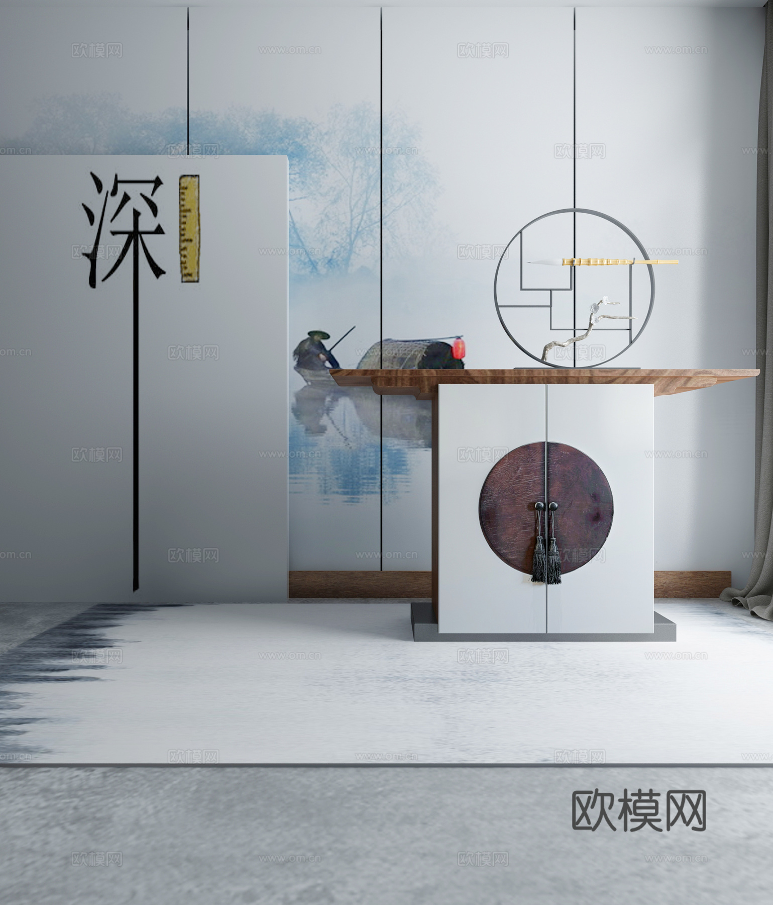 现代茶几沙发组合挂画 地毯 水墨画背景墙3d模型下载（渲染图1）