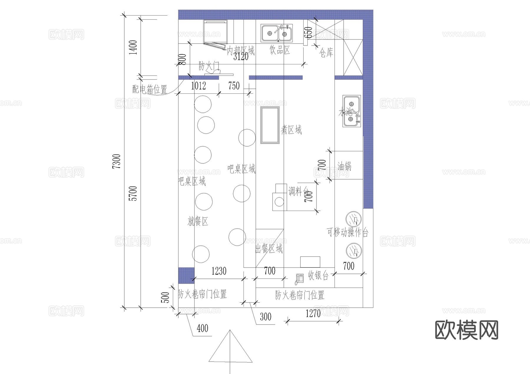 现代小吃店平面图cad施工图