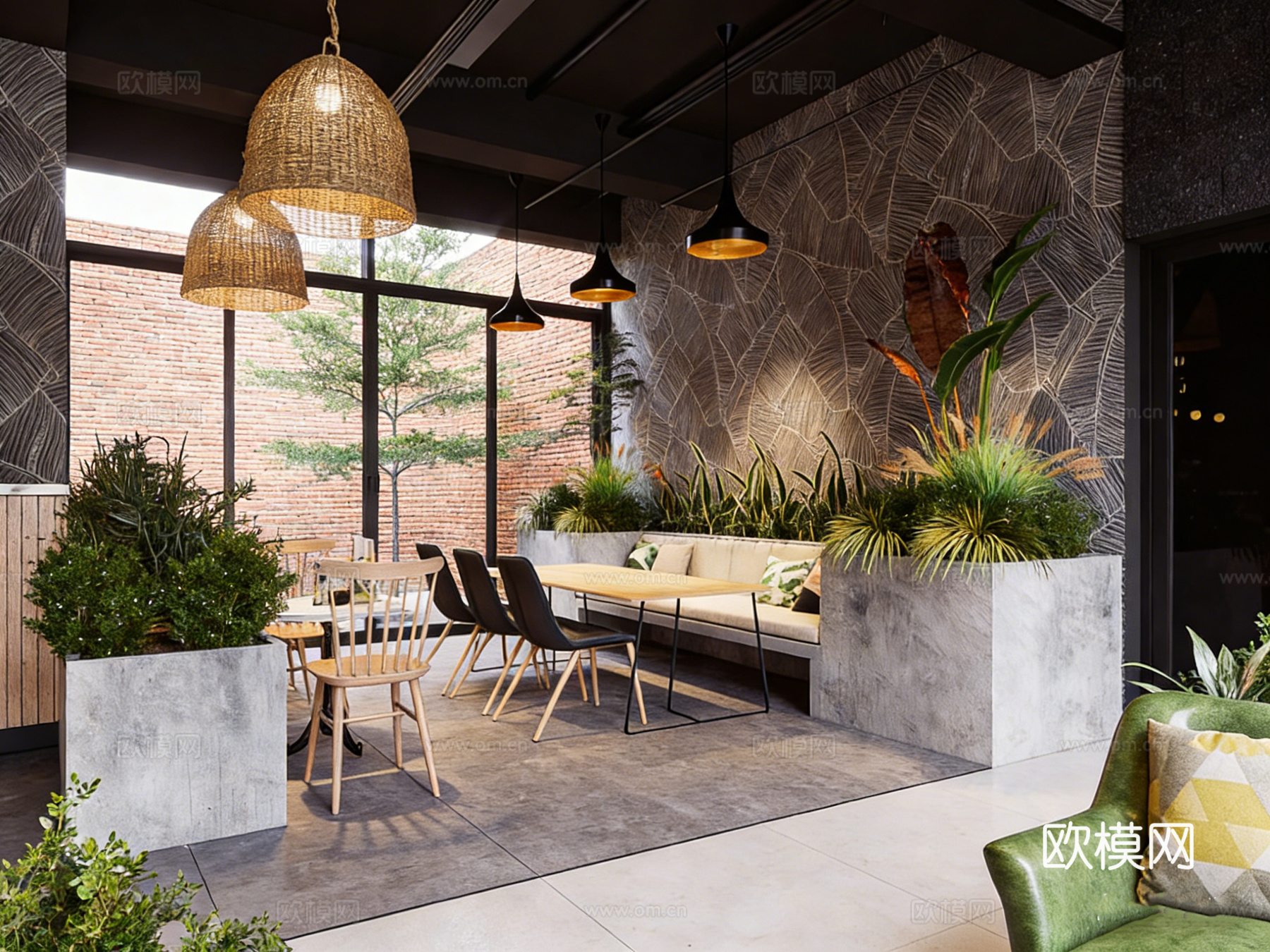 自然系工业风咖啡厅 绿植环绕 编织吊灯 红砖墙免费3d模型