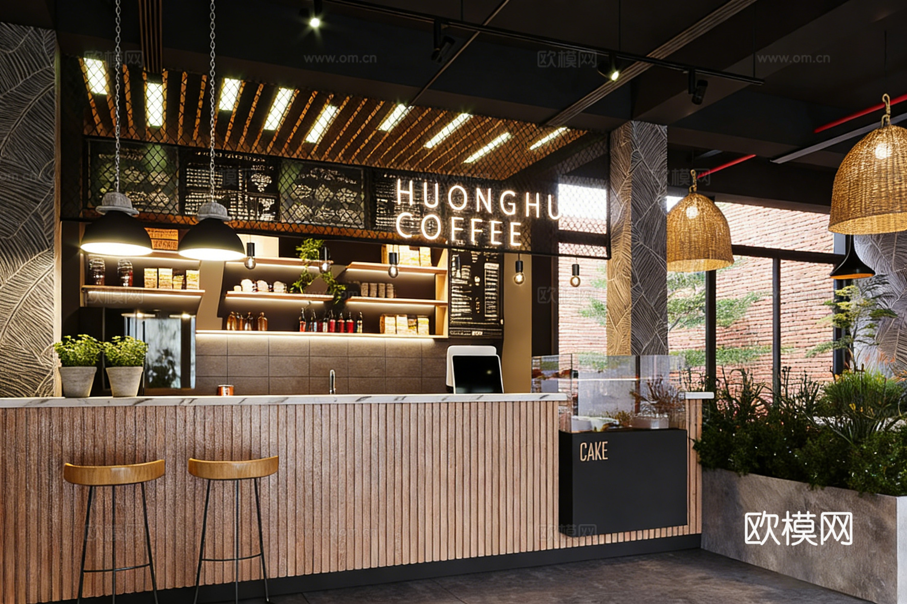 自然系工业风咖啡厅 绿植环绕 编织吊灯 红砖墙免费3d模型