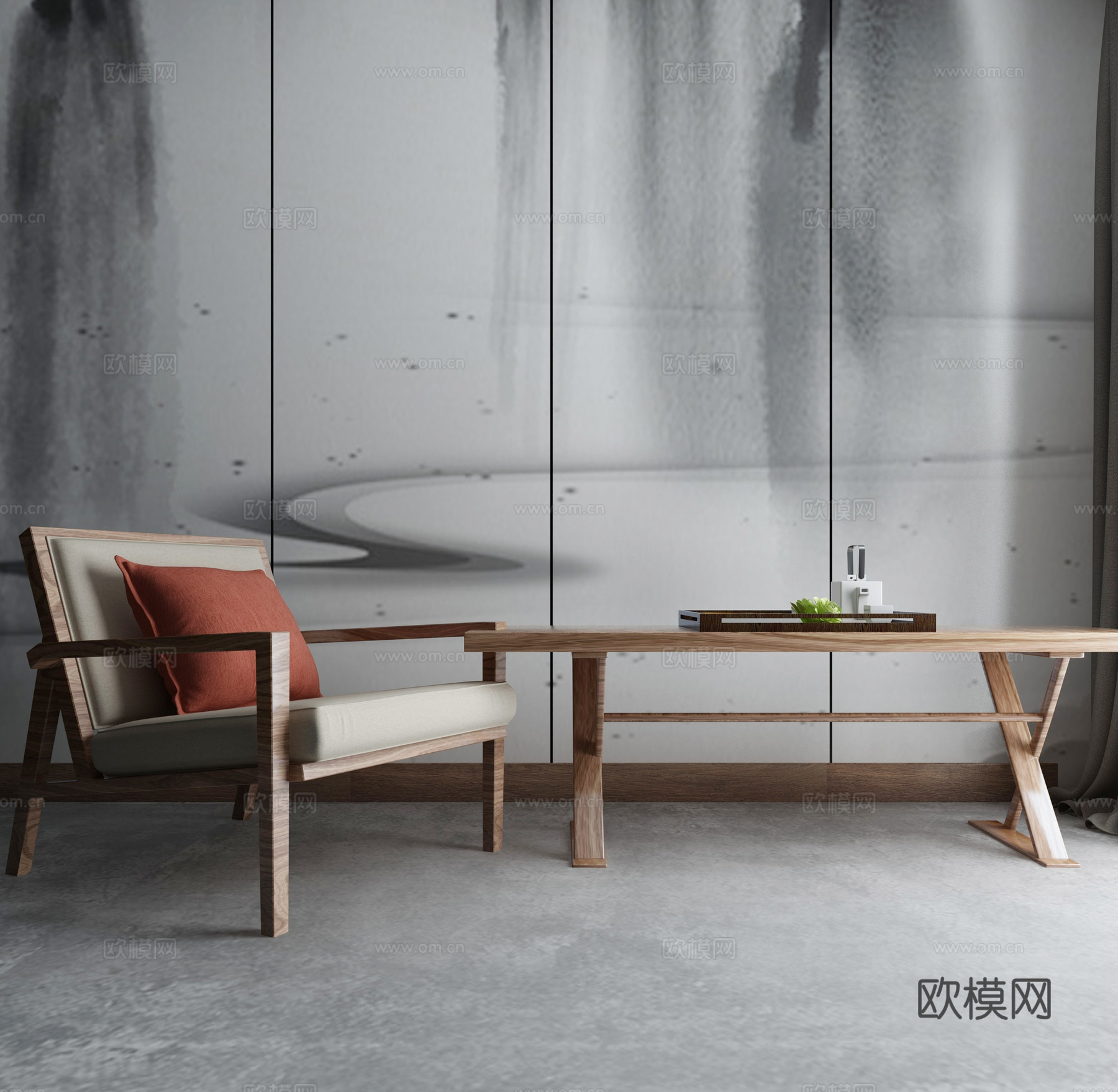 新中式沙发茶几组合3d模型下载（渲染图1）