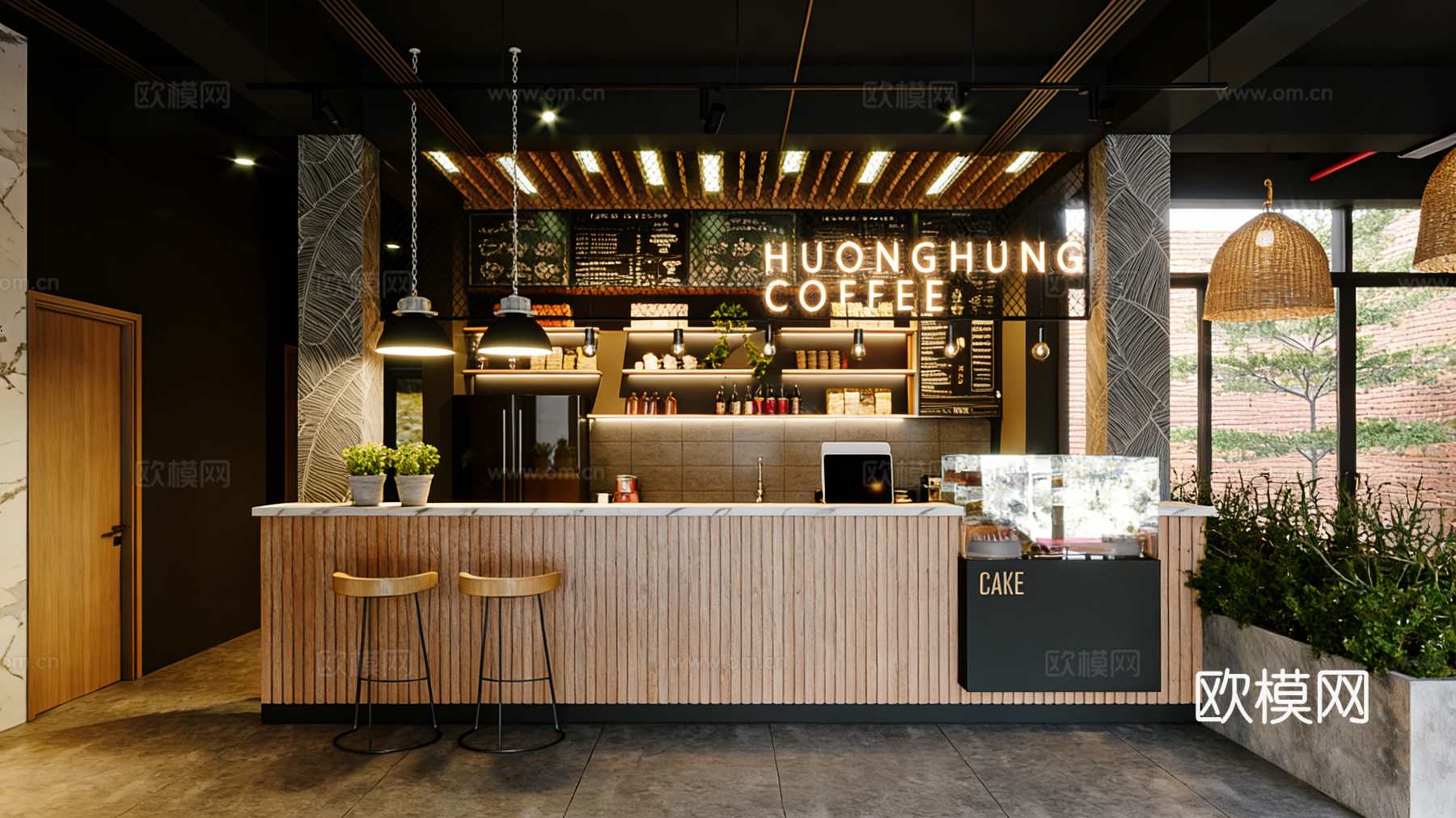 自然系工业风咖啡厅 绿植环绕 编织吊灯 红砖墙免费3d模型