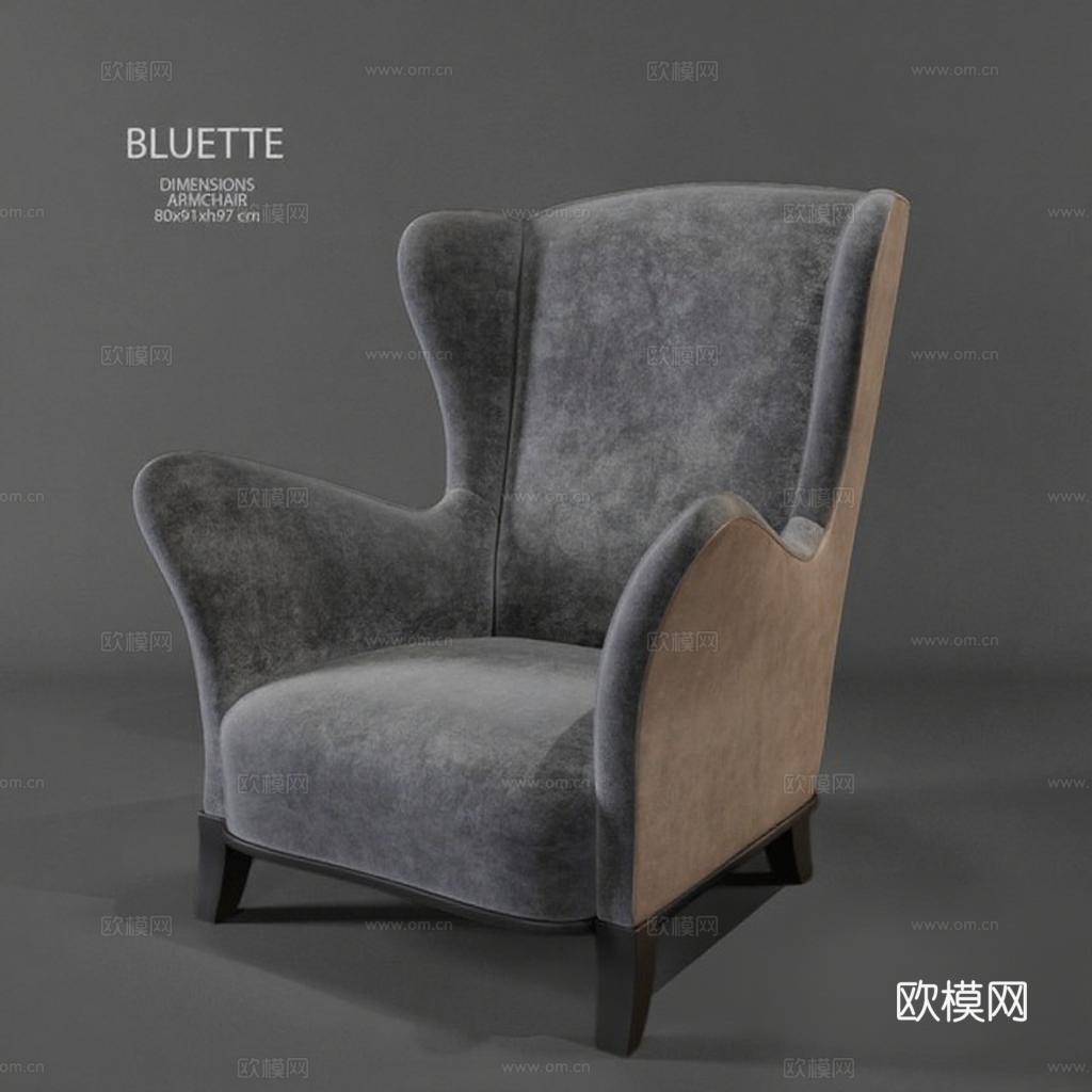 BLUETTE现代高背扶手椅 灰色天鹅绒拼接米色织物 深色木质椅腿 家居设计灵感 室内装饰案例 3D模型展示免费3d模型下载
