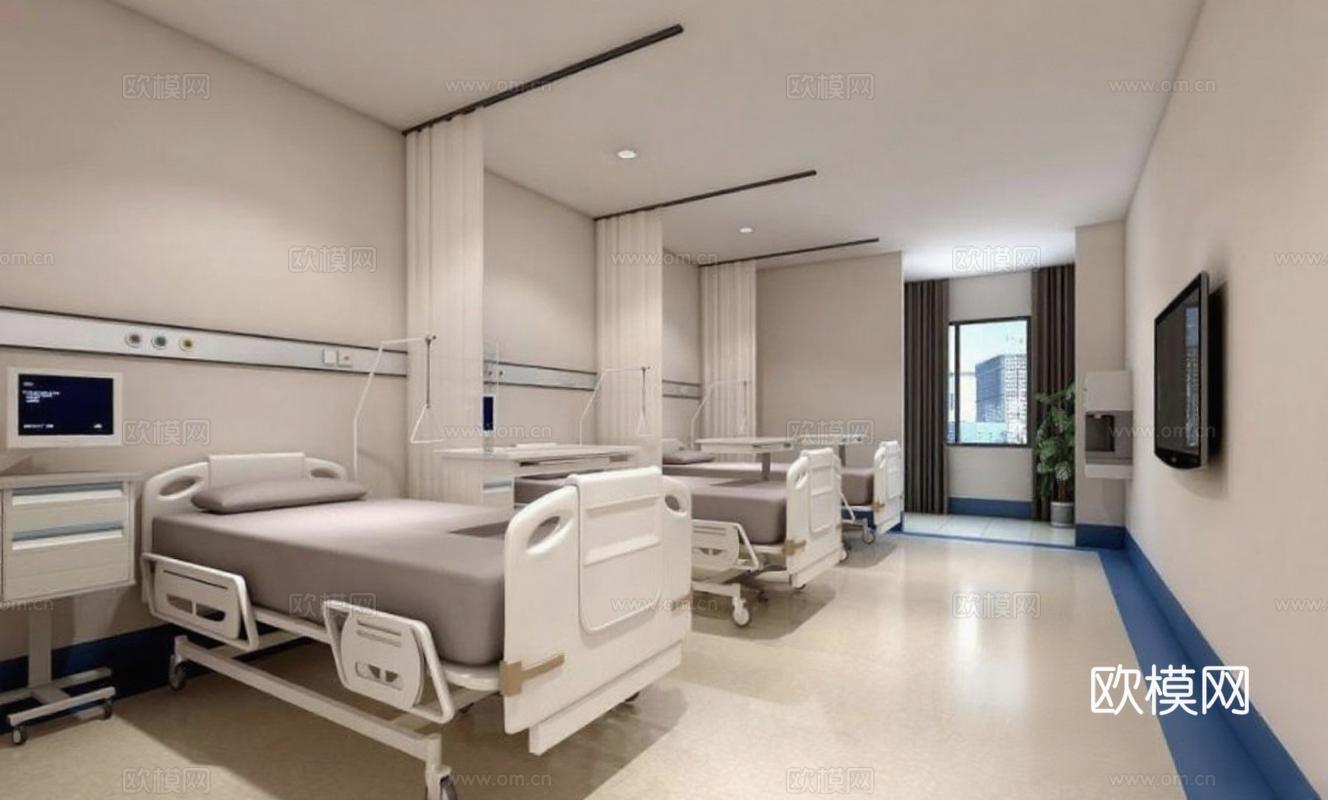 现代化医院病房设计 医疗空间室内3D渲染效果图 舒适医疗环境布局方案免费3d模型下载