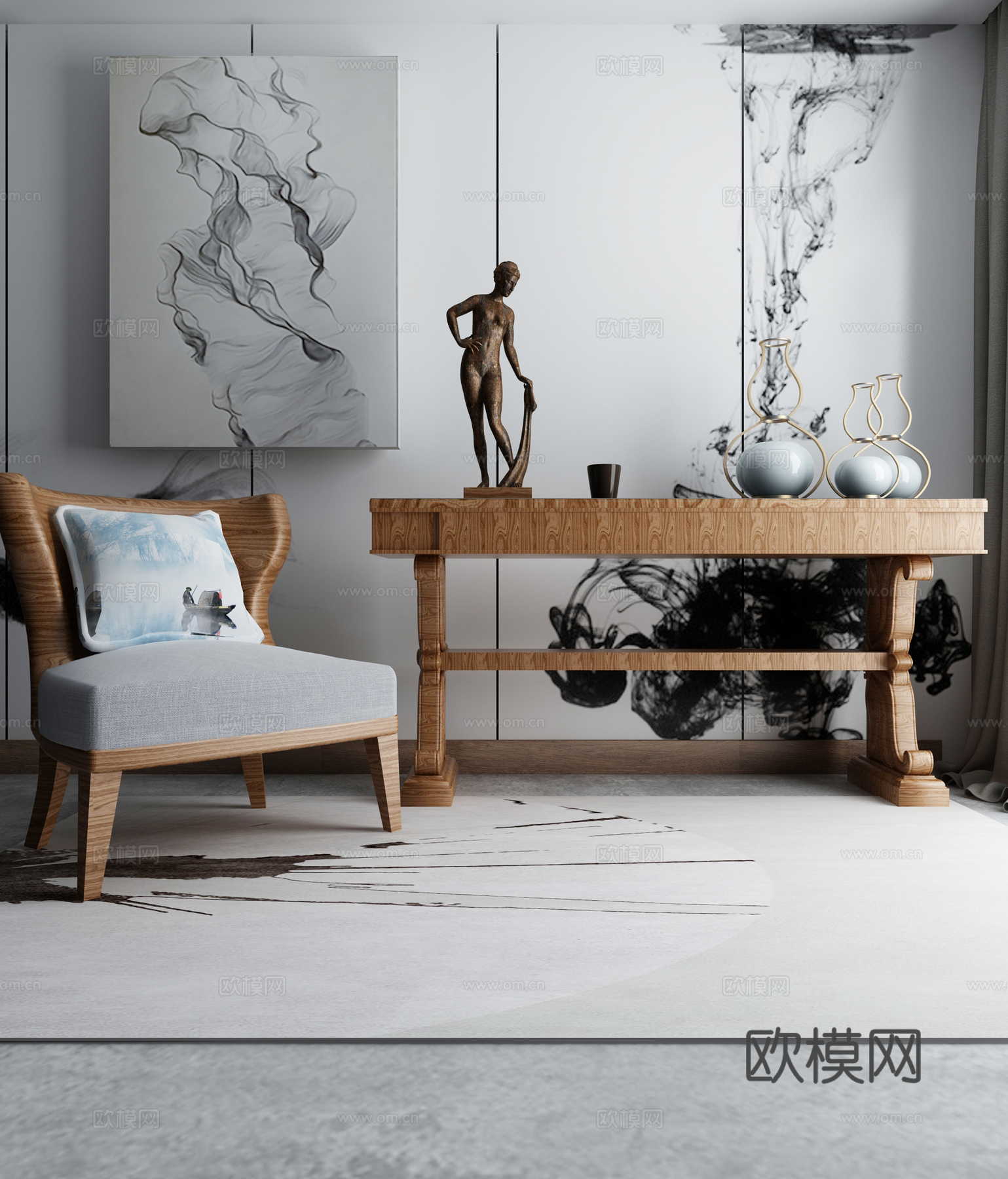 现代茶几沙发组合挂画 地毯 水墨画背景墙3d模型下载（渲染图2）