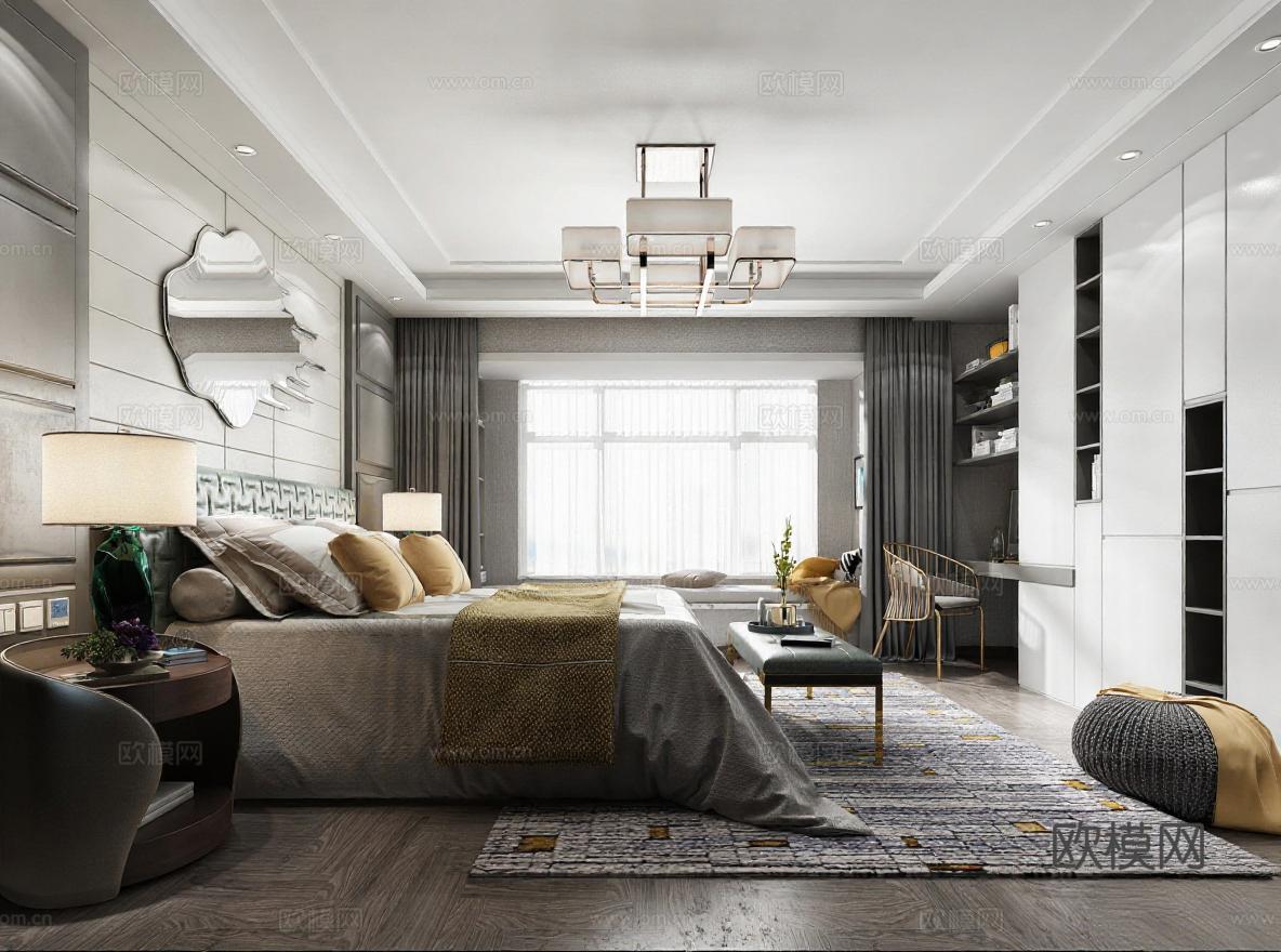 现代轻奢卧室空间设计 3D渲染高端装修效果 灰色调家居装饰方案 对称式功能分区布局 轻奢风格软装搭配展示免费3d模型