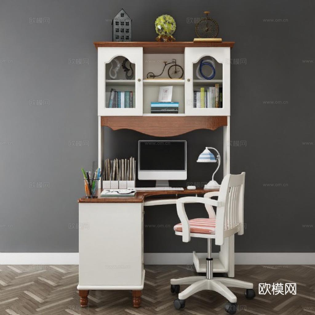 L型书桌收纳柜组合 现代简约书房家具 办公学习一体木质家居办公空间免费3d模型下载