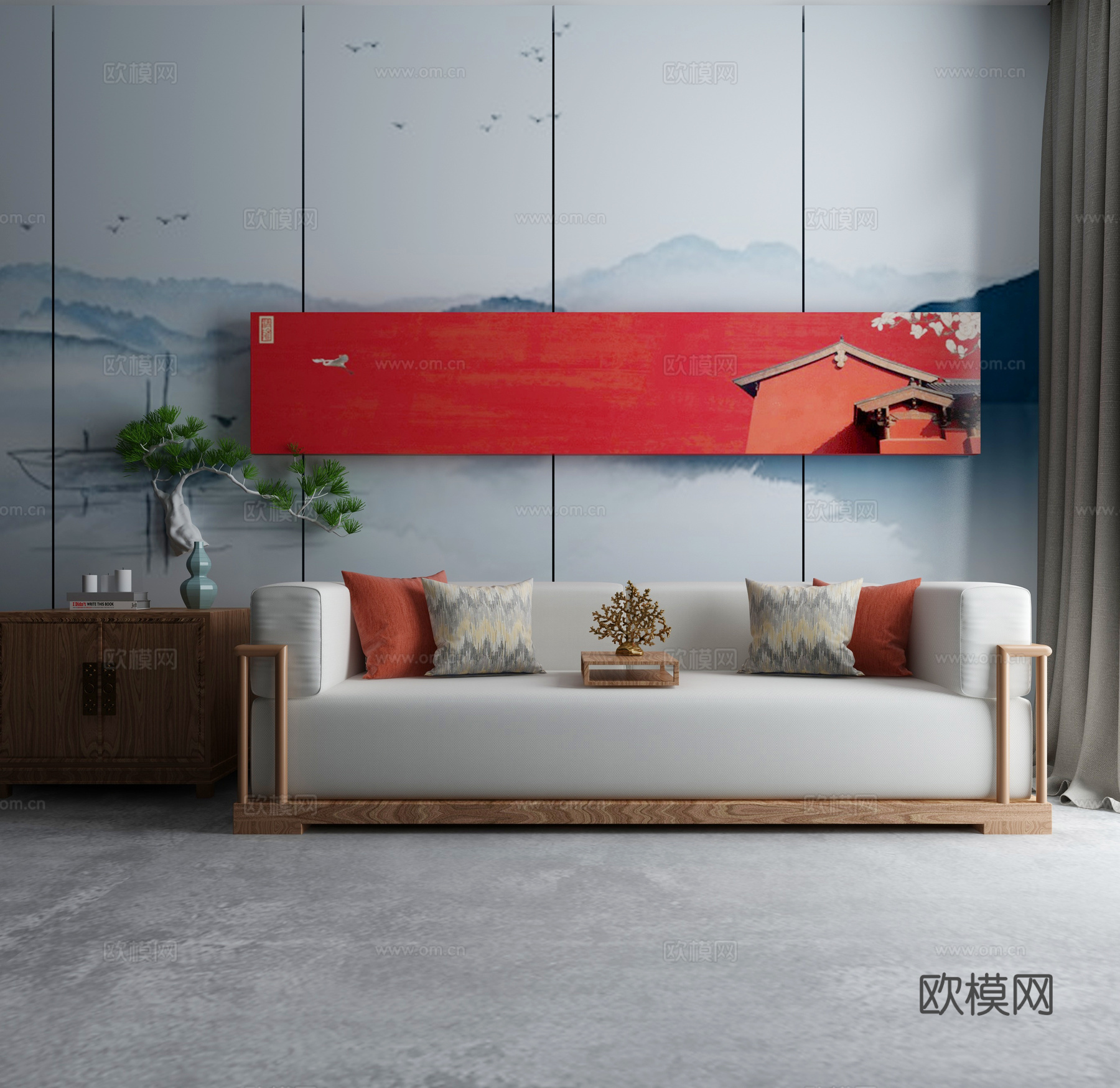 中式沙发组合3d模型下载（渲染图1）