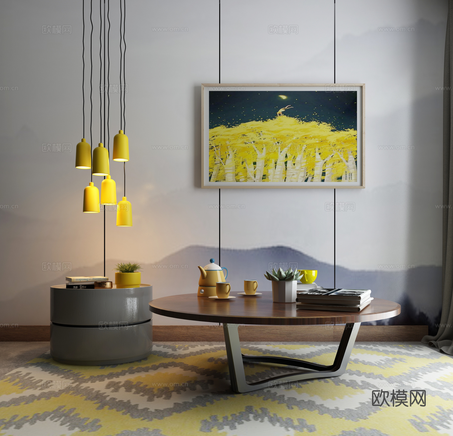 现代茶几台灯组合3d模型下载（渲染图2）